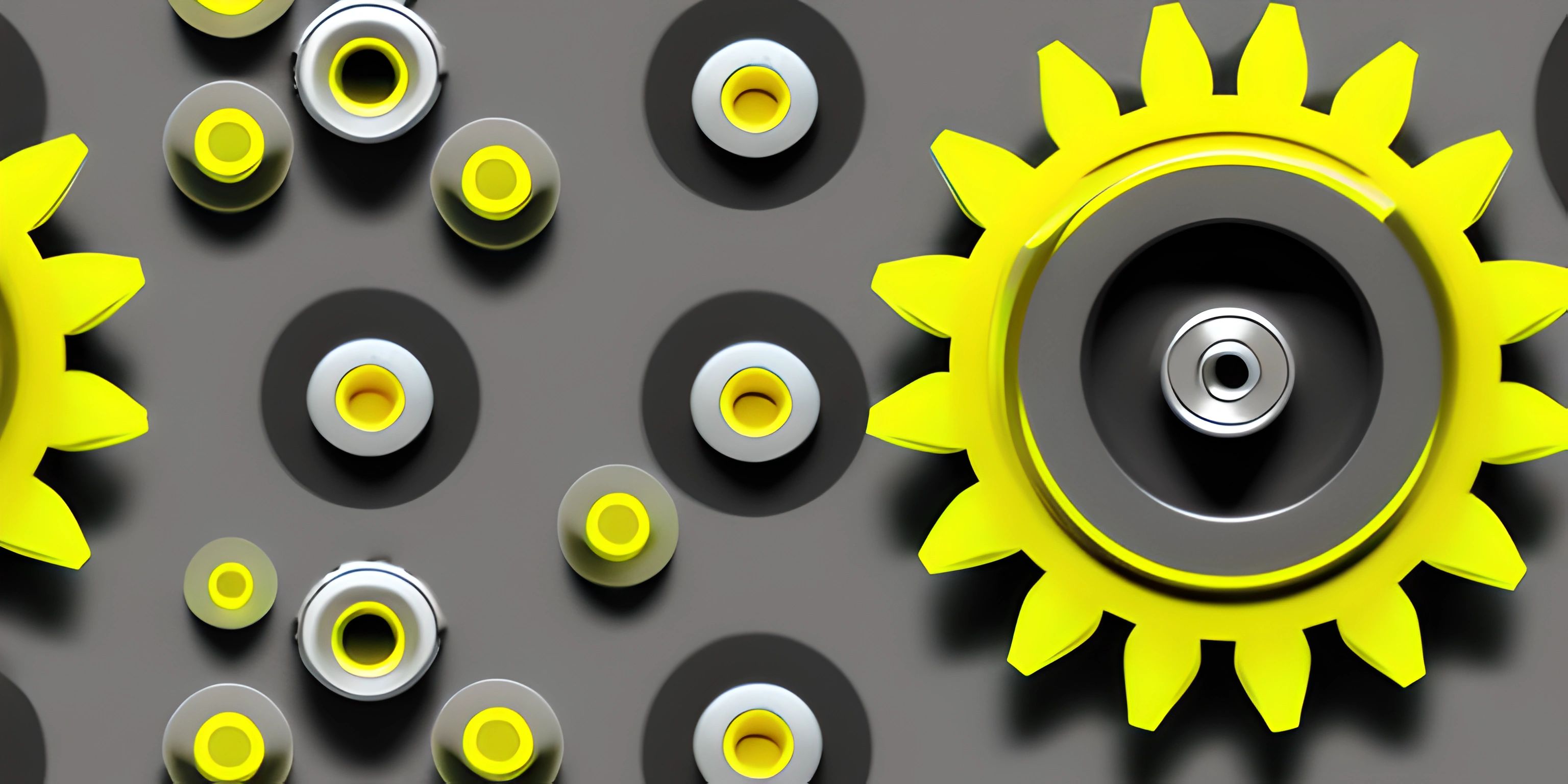 sunflowers surrounded by dots and shapes in grey background and yellow circular gears on top