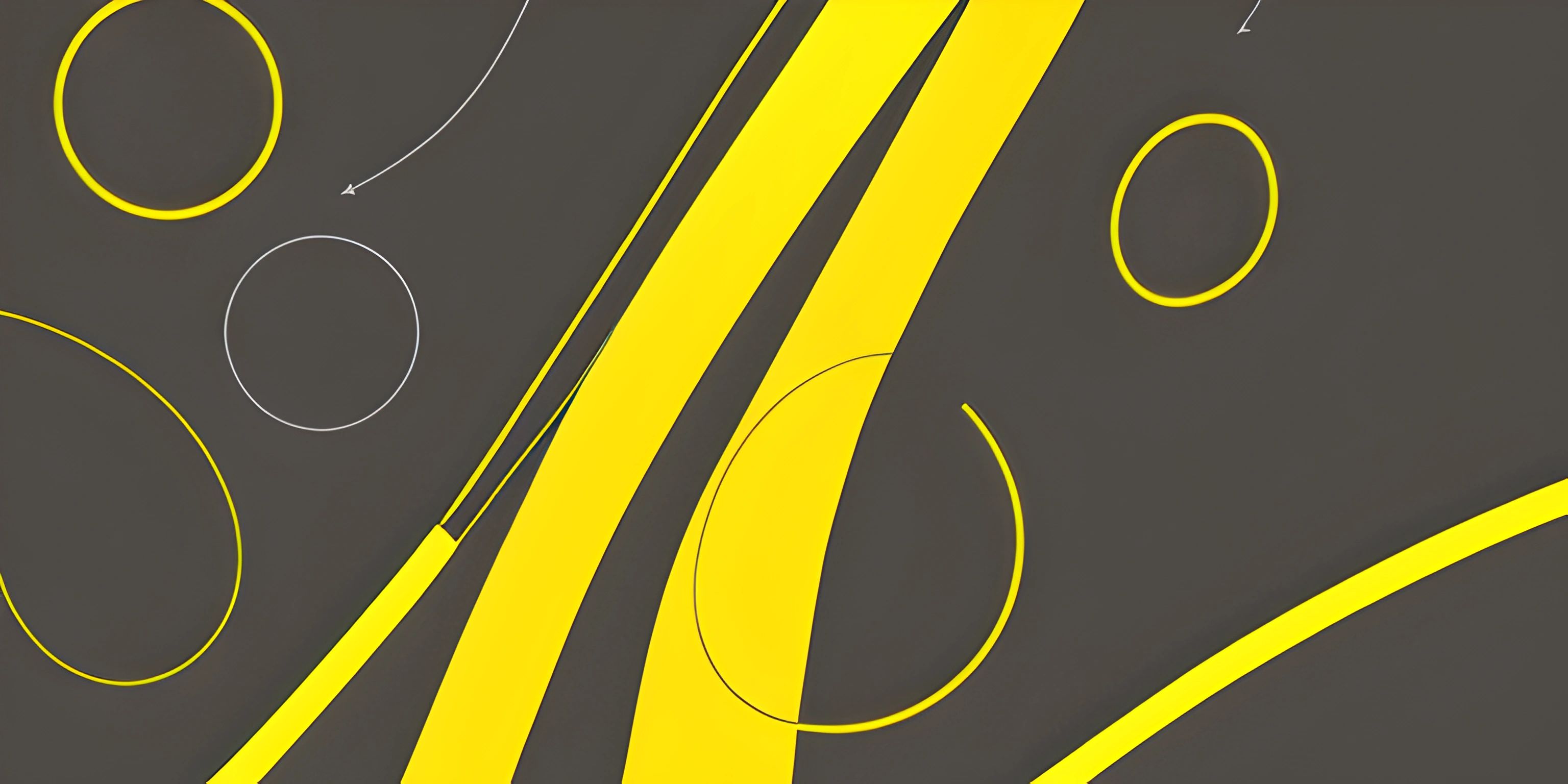 black and yellow abstract artwork featuring lines, circles, rings and swirls, against a black background