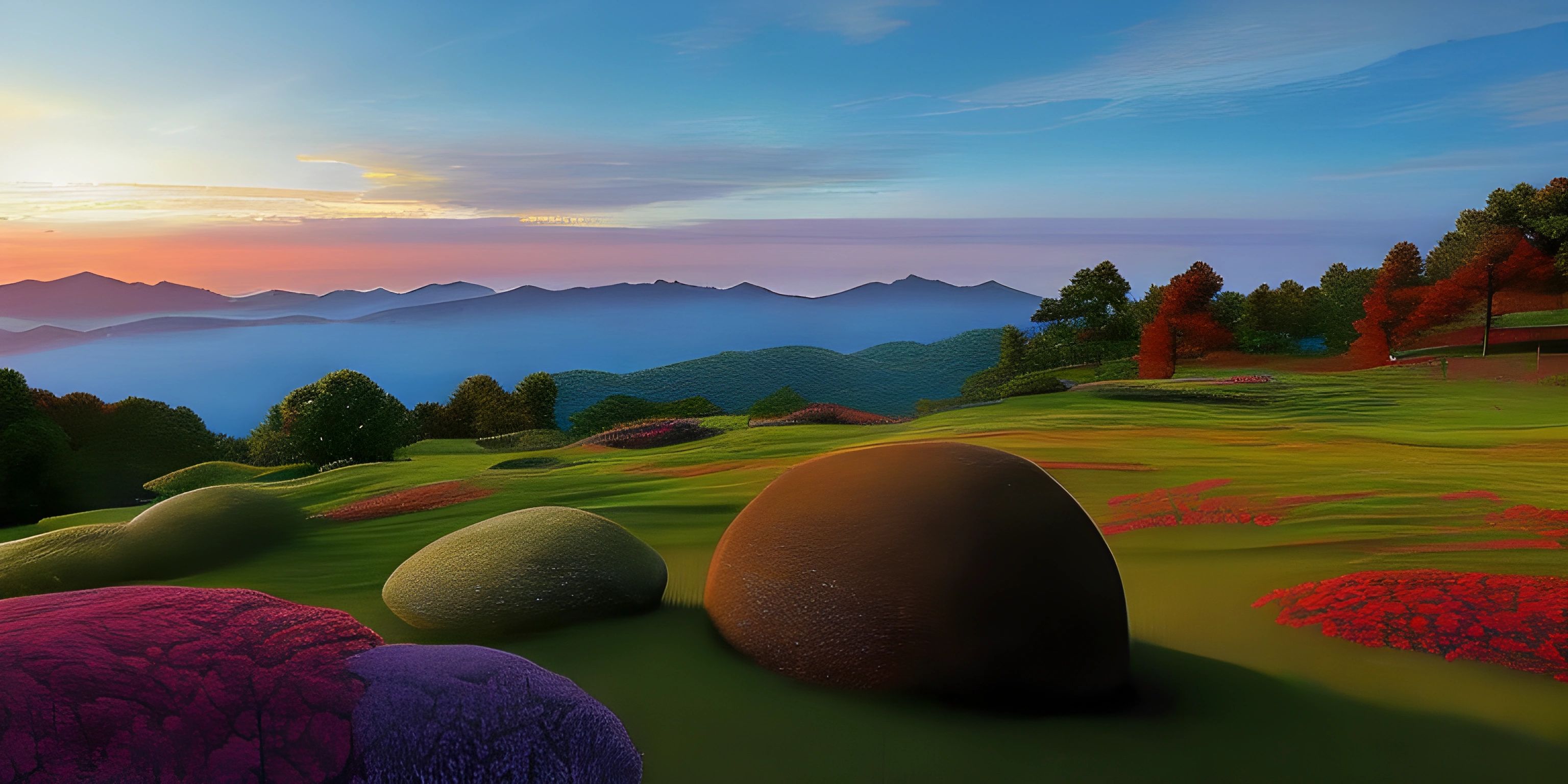 an artistic painting of a green hilly field with flowers and rocks under the sun setting