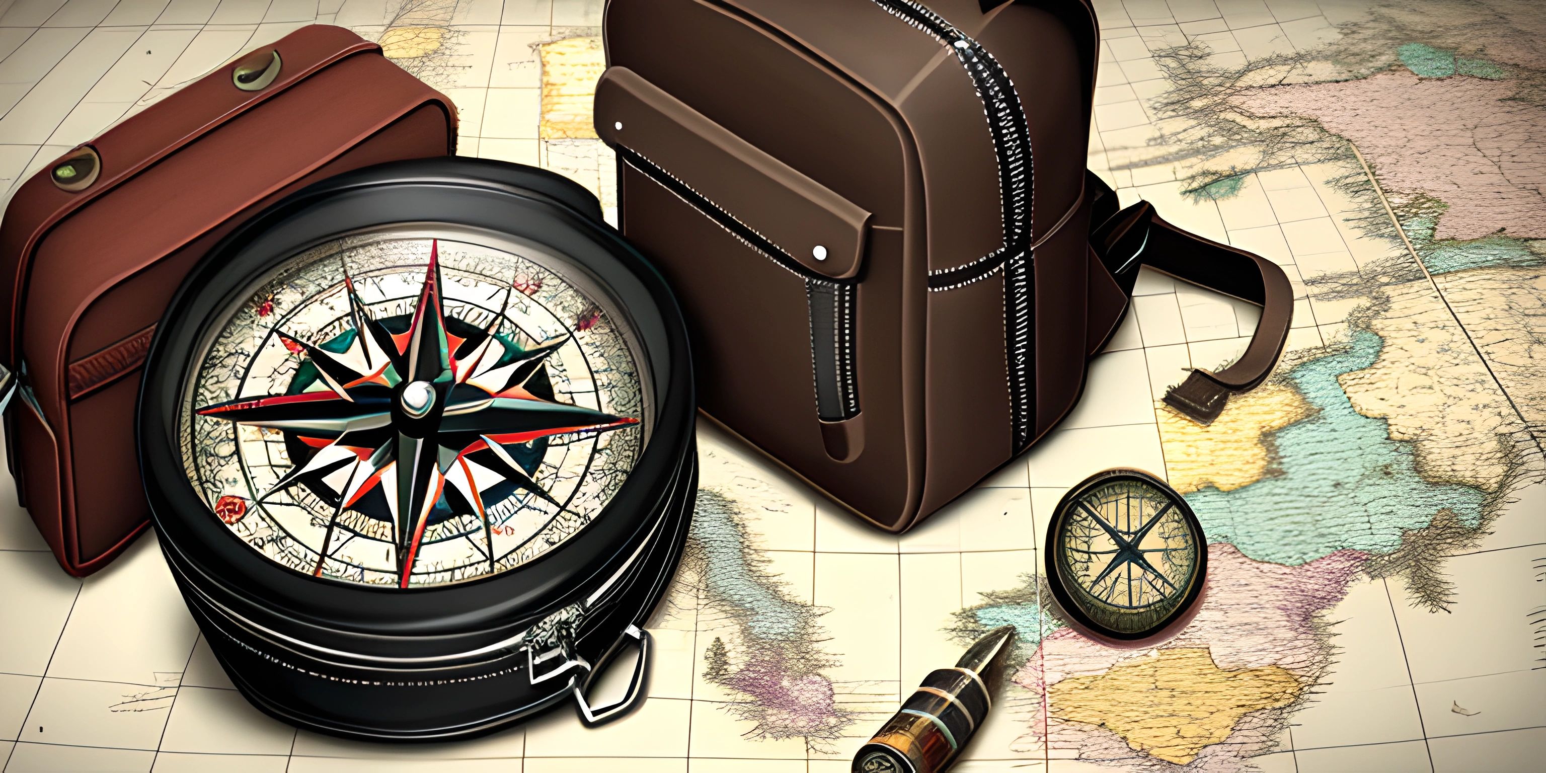 a book bag that is on top of a map with a compass and other objects