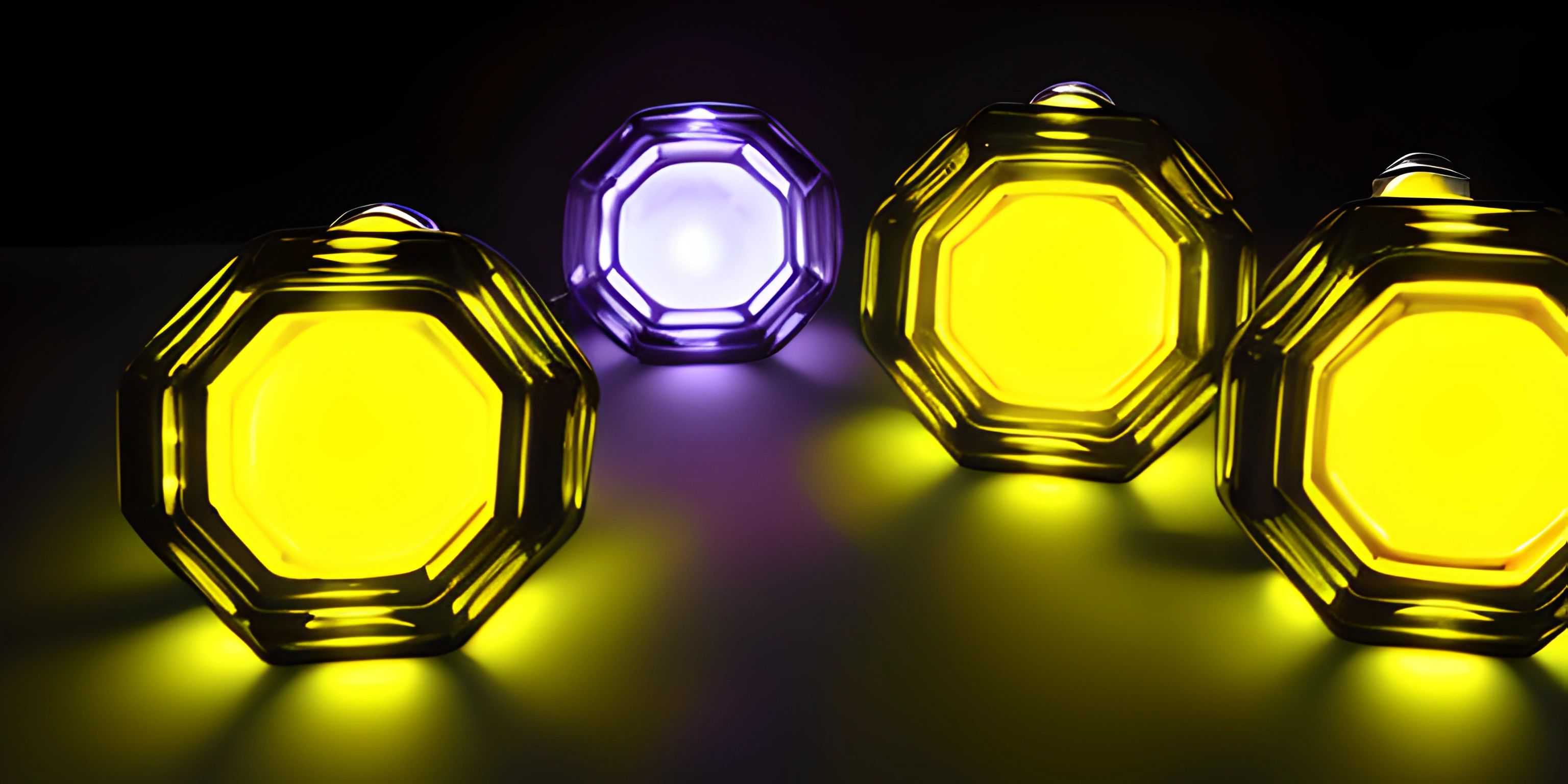 five colorful hexagon lights on a white surface in the dark and a bright blue one above them
