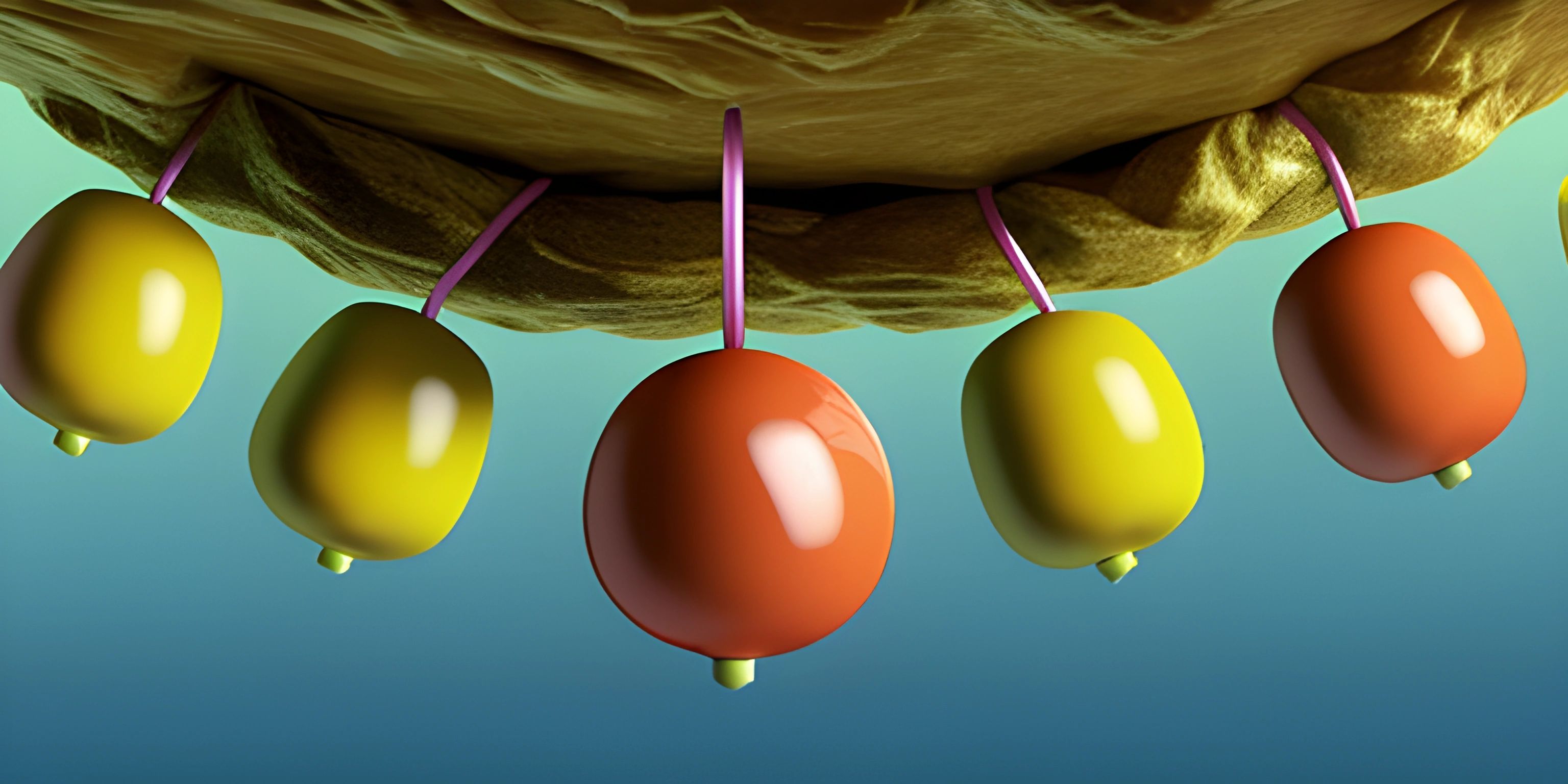 a bunch of fruit hanging from the ceiling of a tree branch at an angle, with blurred blue background