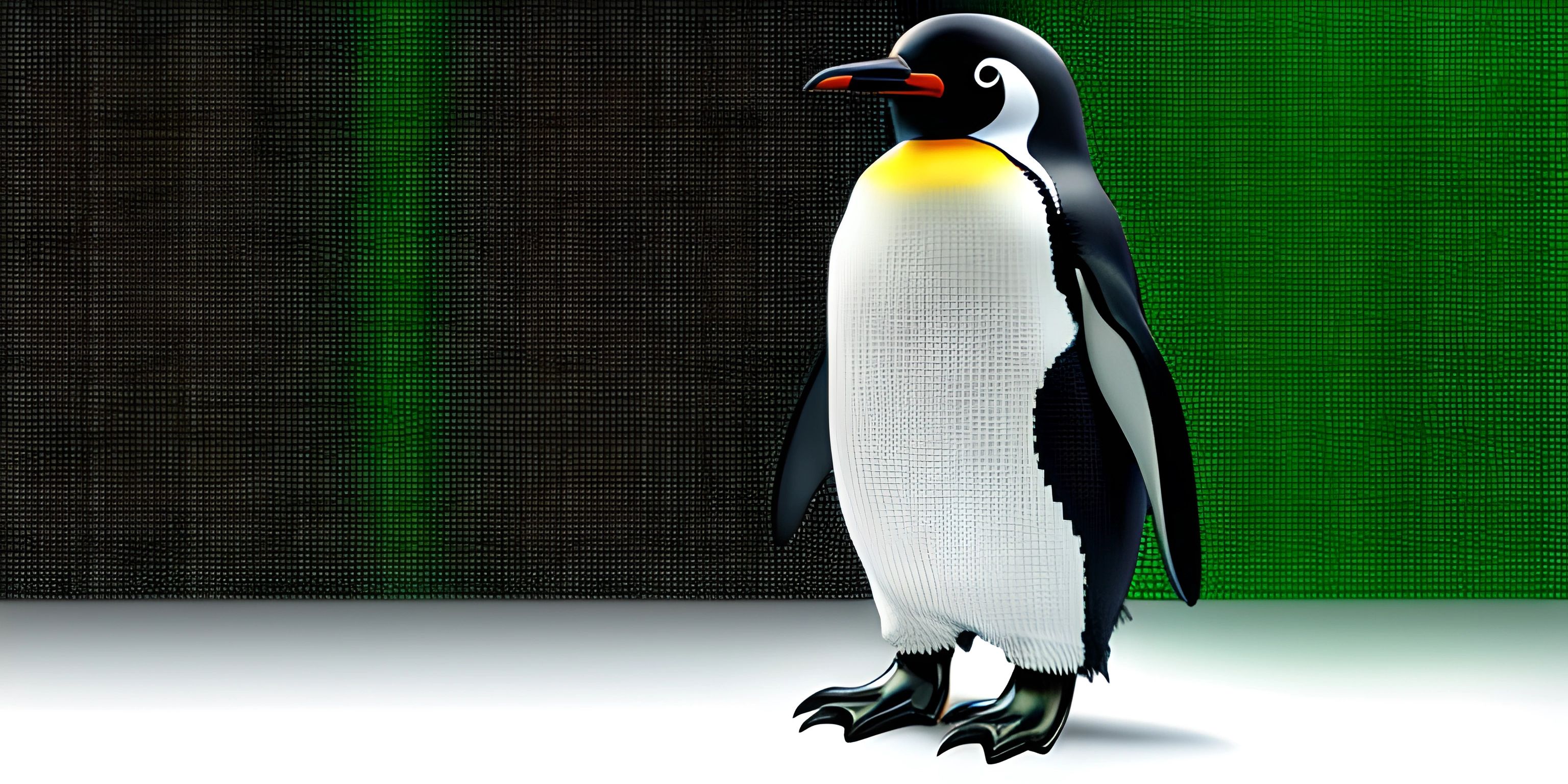 a penguin is standing next to a wall with green and white designs on it,
