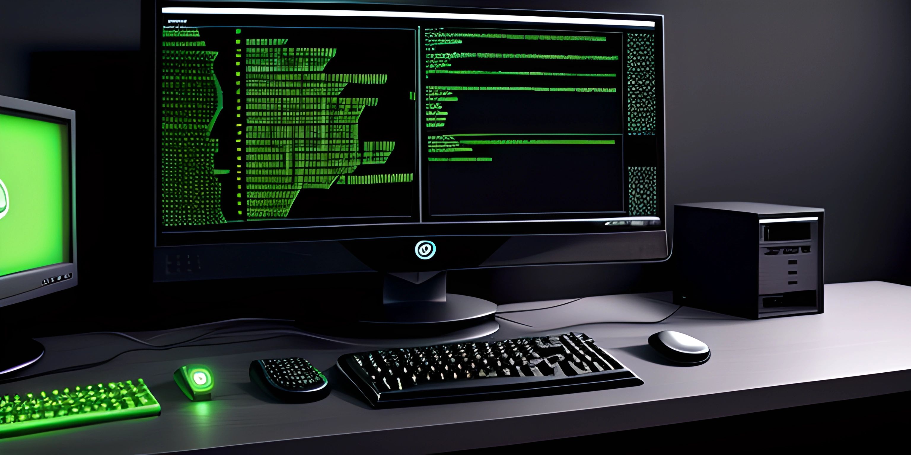 a black computer desk with two monitors and a keyboard in it at night time green screen image