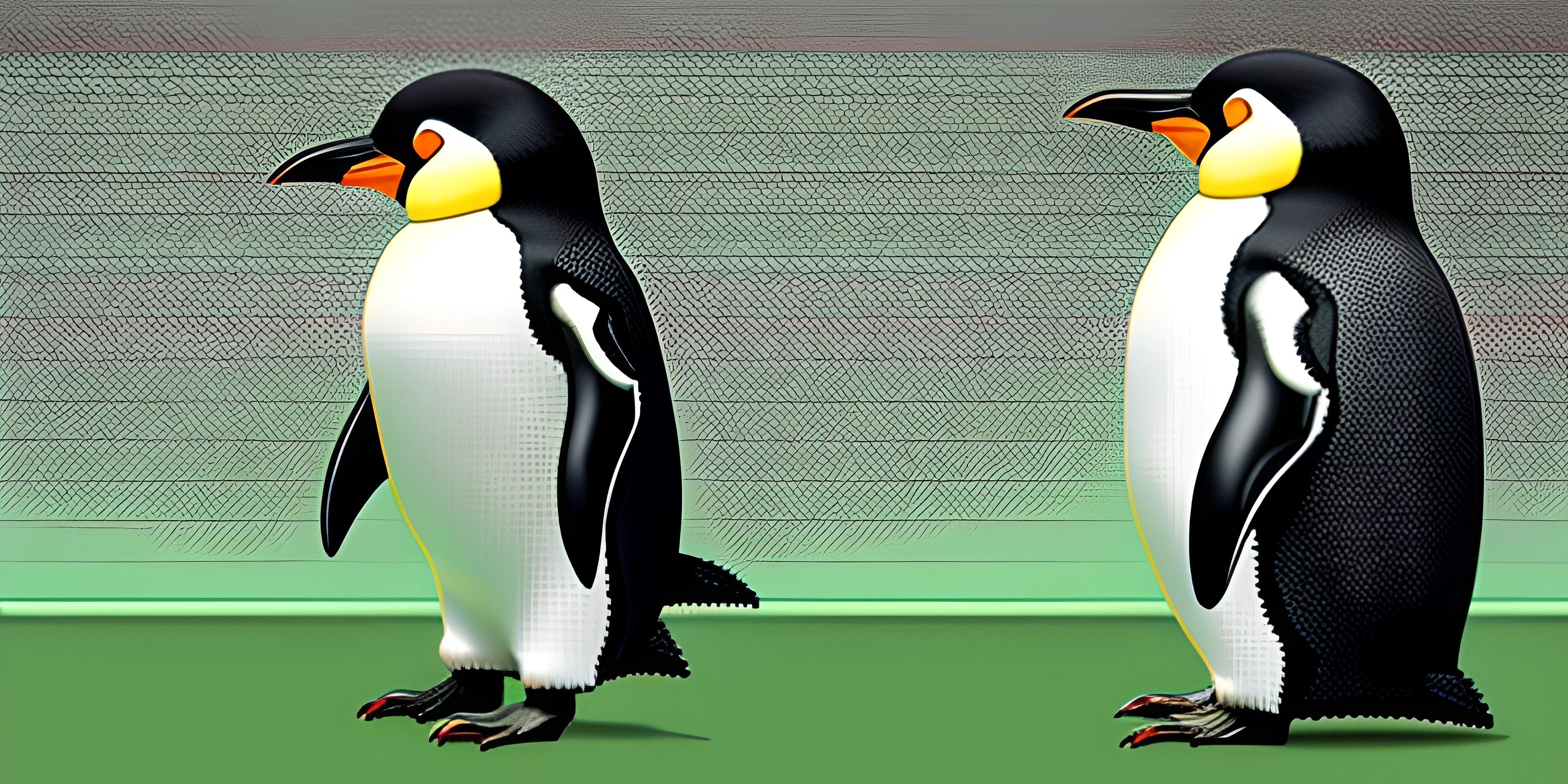 two penguins standing next to each other on a green ground together, in front of a net
