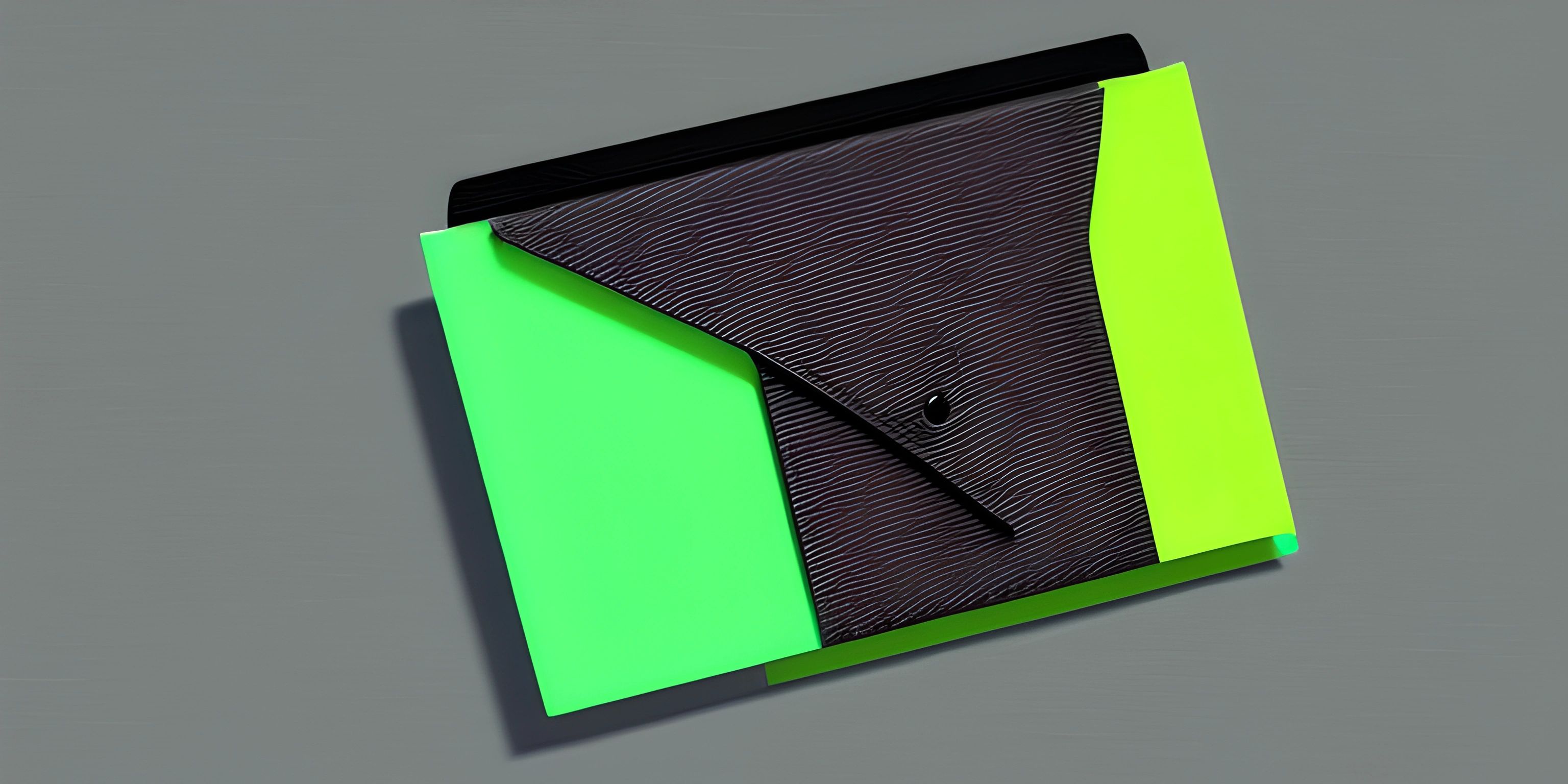 a green and black folder with a yellow envelope beside it on grey background with light