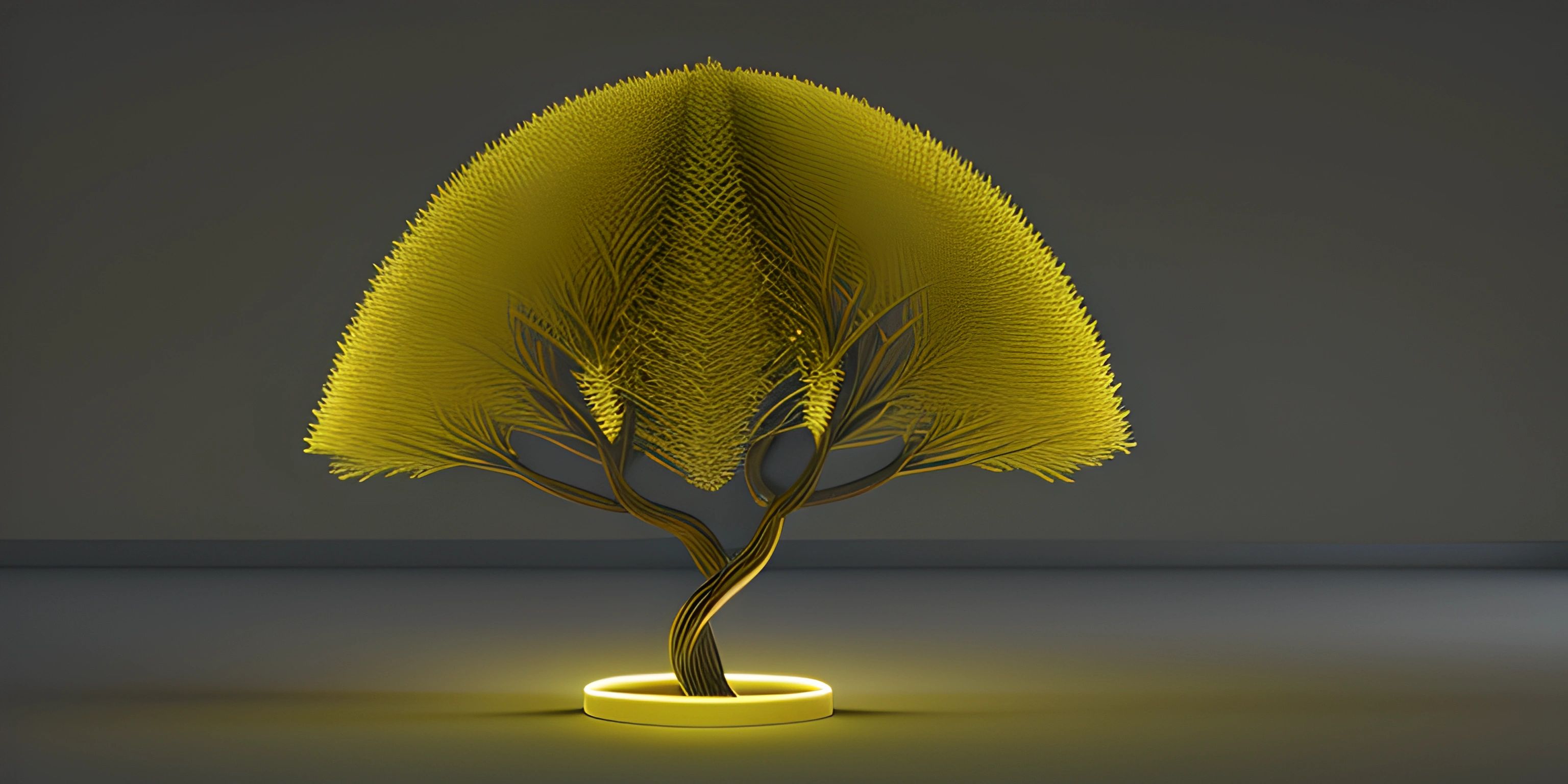 a tree with two leaves is lit up in the dark by a yellow light,