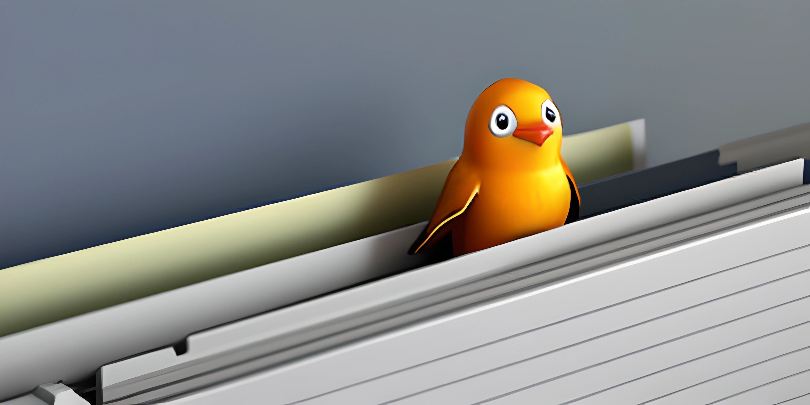 the little orange bird is looking out from the radiator's windowsill