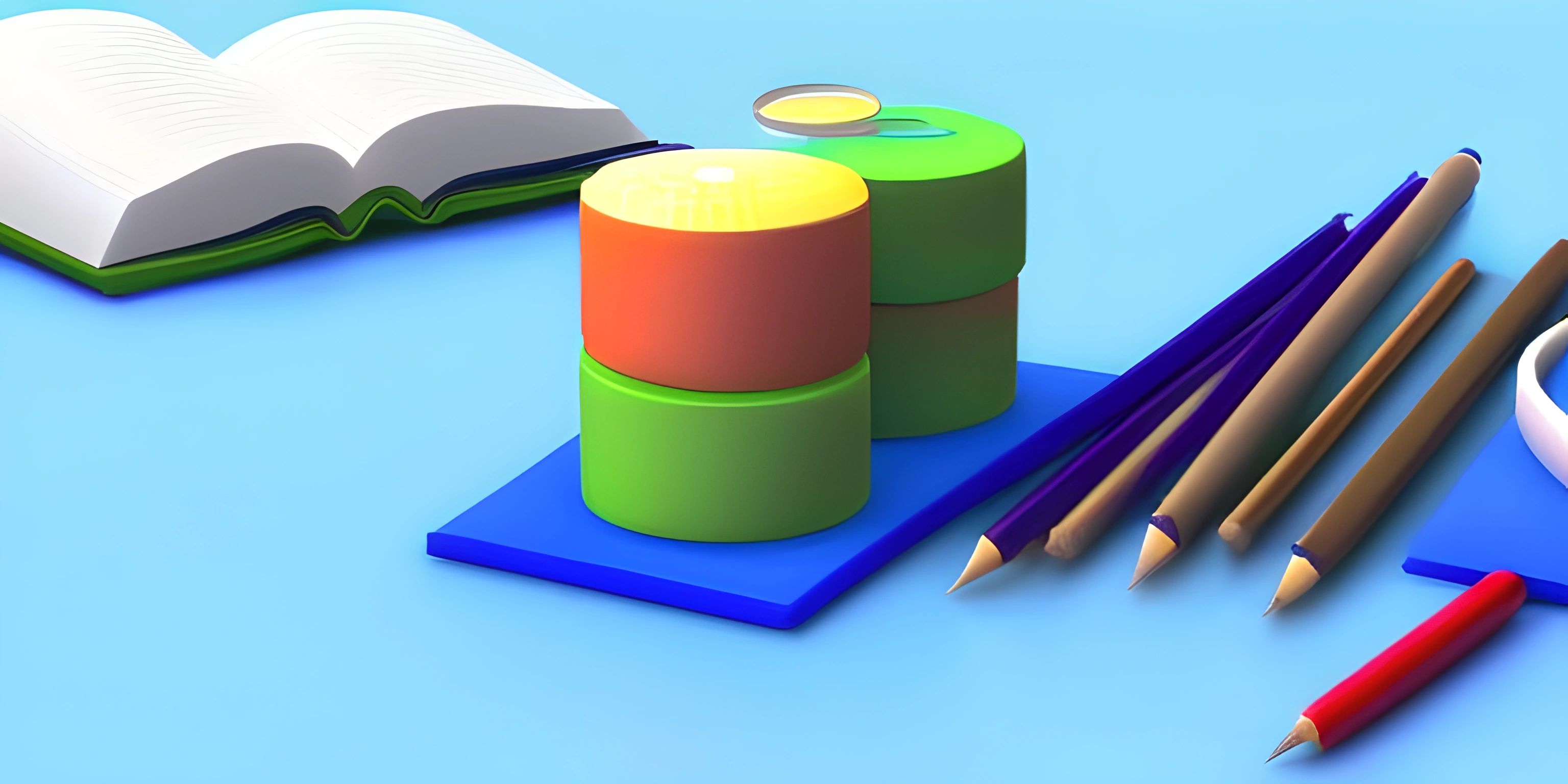 a table with pens and pencils sitting on it in front of books, mug, and bookshelf