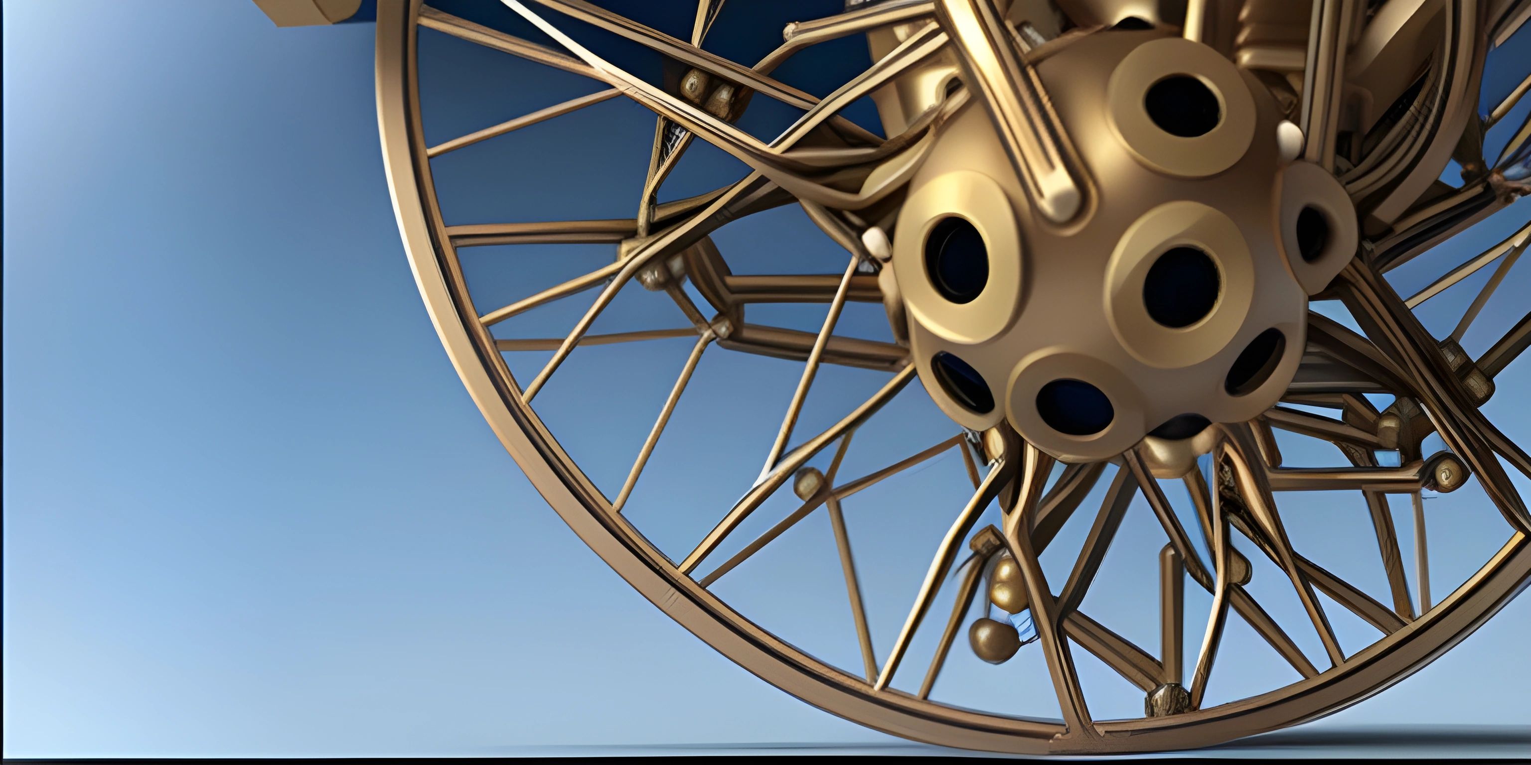 a closeup of a gold colored motorcycle wheel and spokes on a blue background