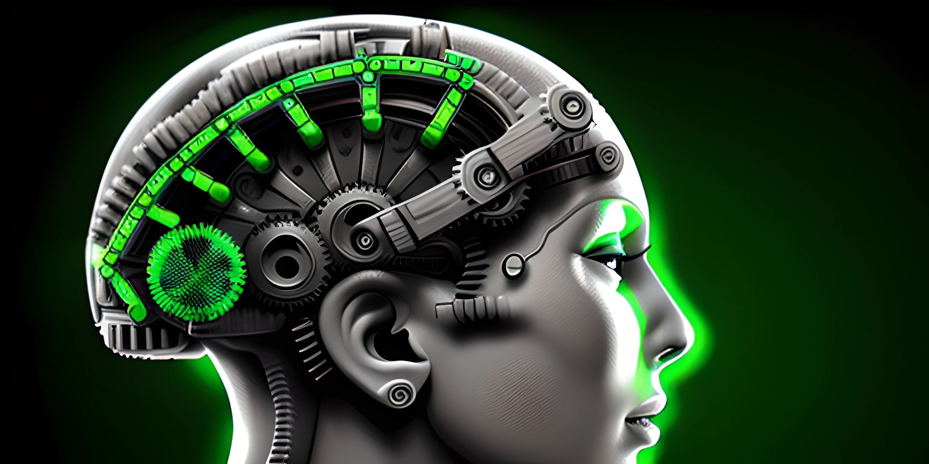 green gears inside the head of a woman's head and a human brain with an electronic