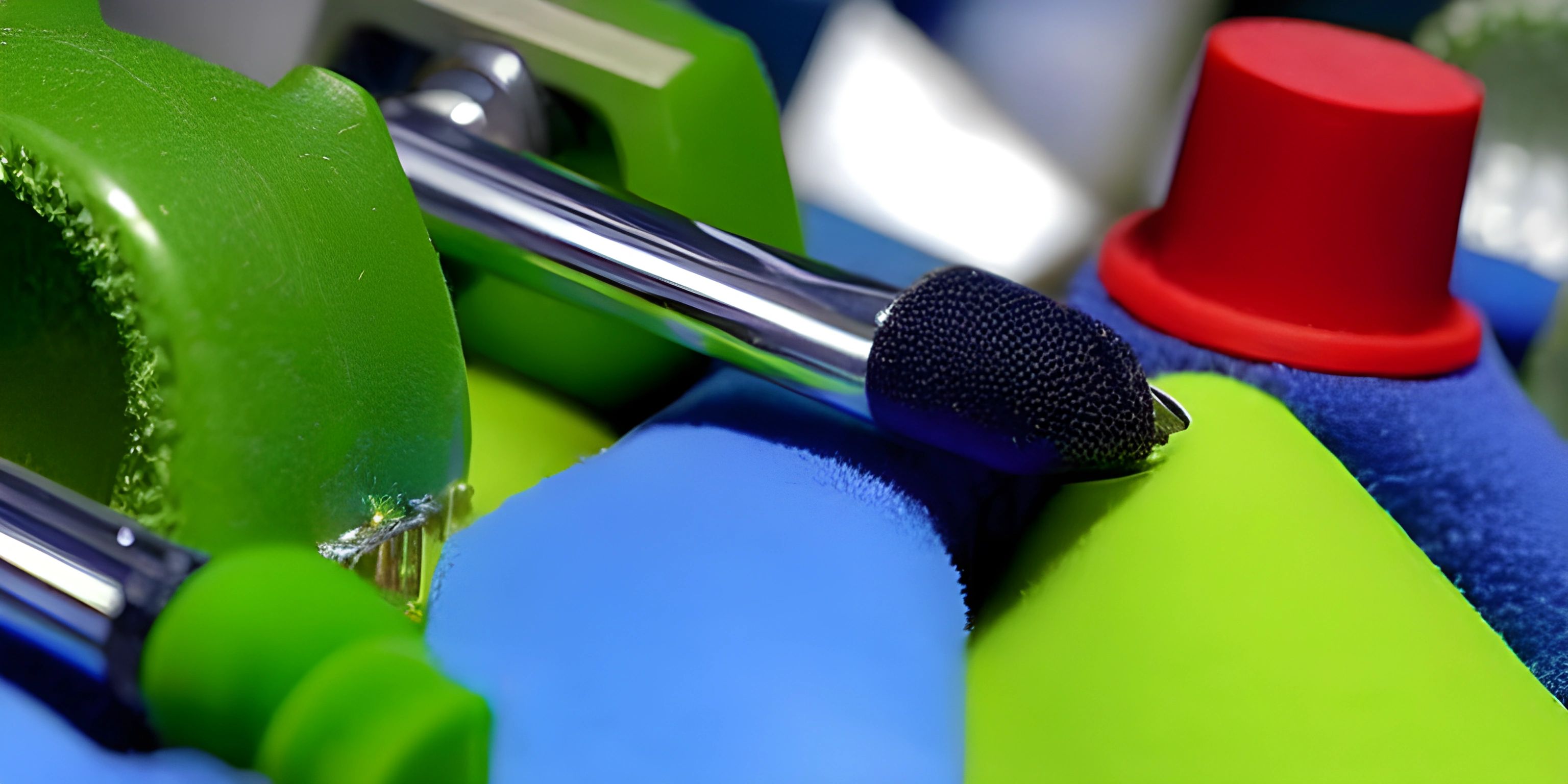 a pair of scissors on some blue and green plastic containers with a handle sticking out