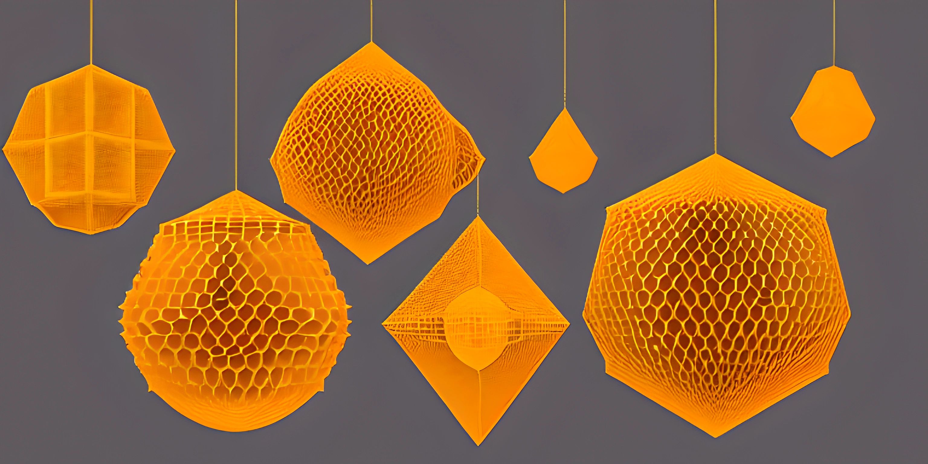 four different types of paper objects hanging from strings over an area of grey, yellow and brown colors