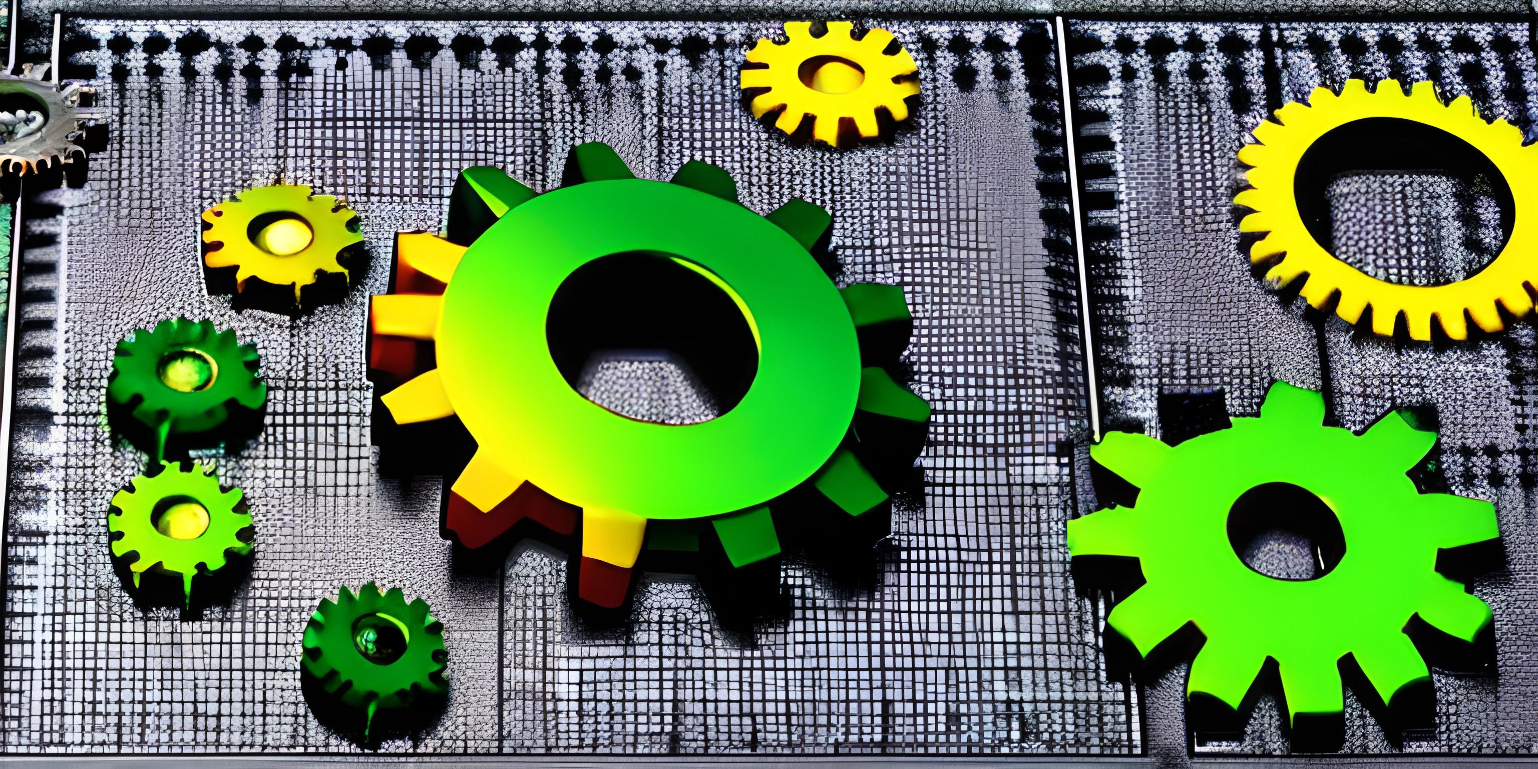 green and yellow gears and other gears hanging on a wall in a factory setting of wires