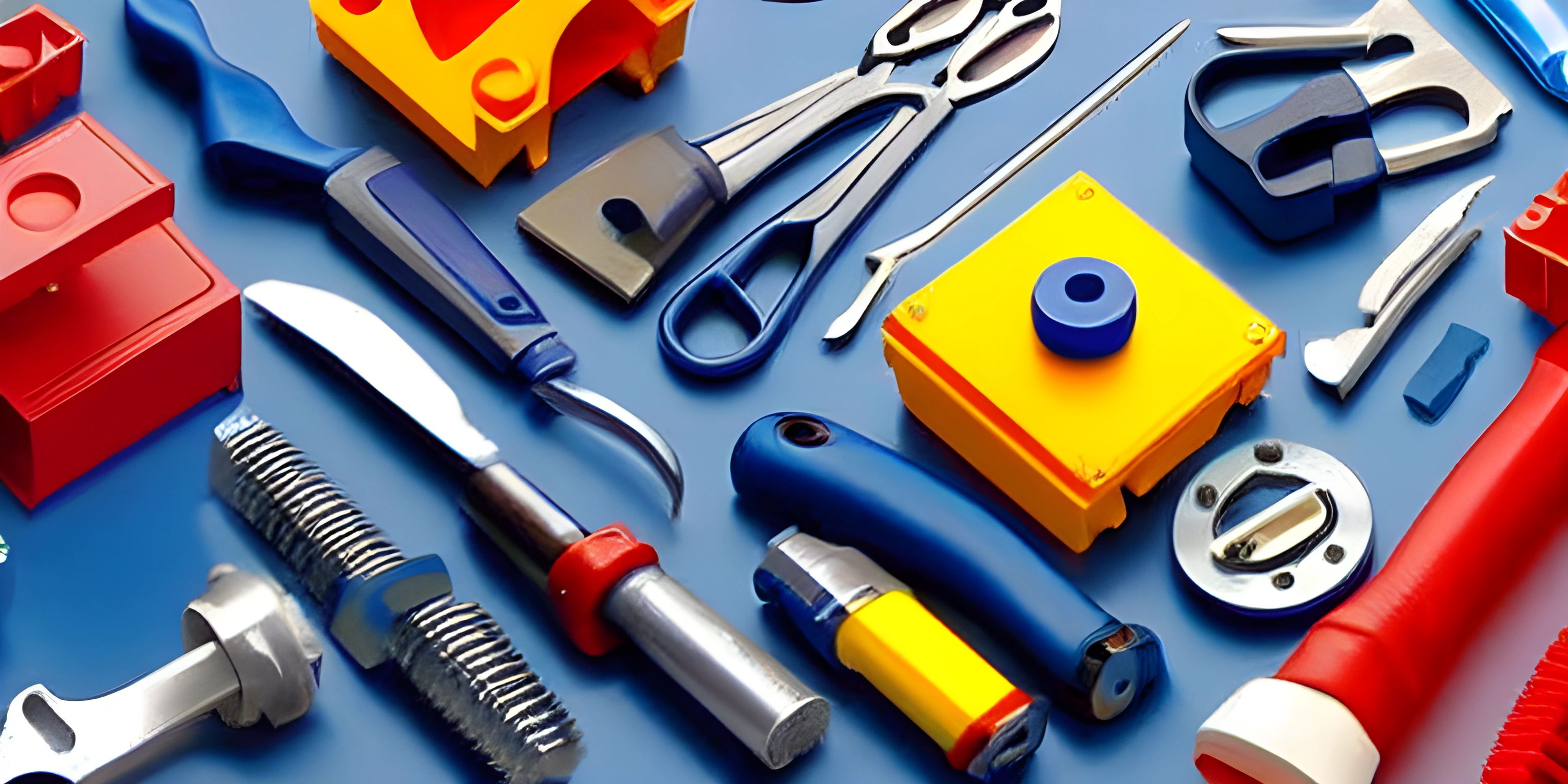 a blue table topped with different types of tools and tools, all in yellow and red
