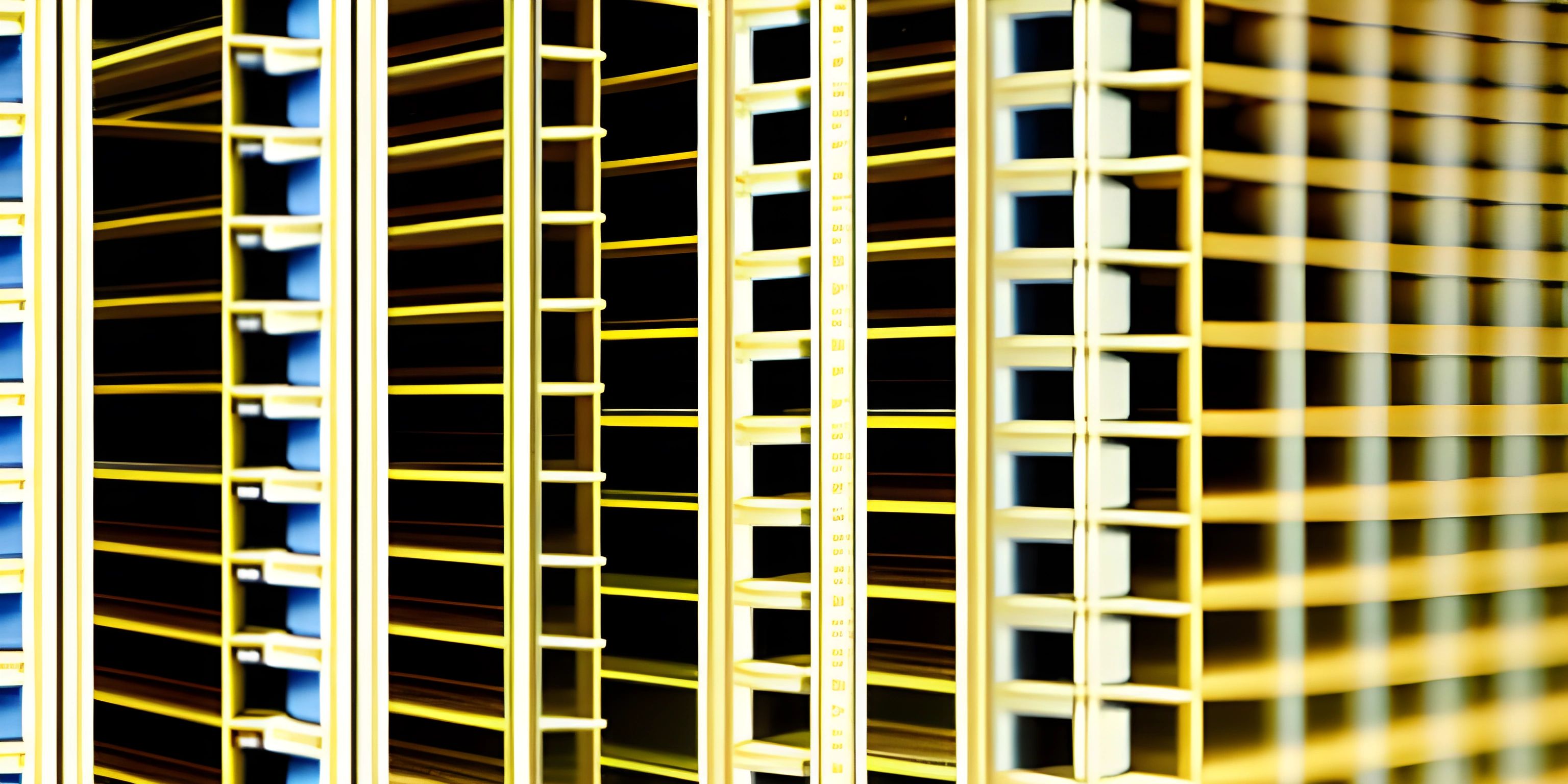 rows of racks in a warehouse, all lined up in a row, with a black sky in the background