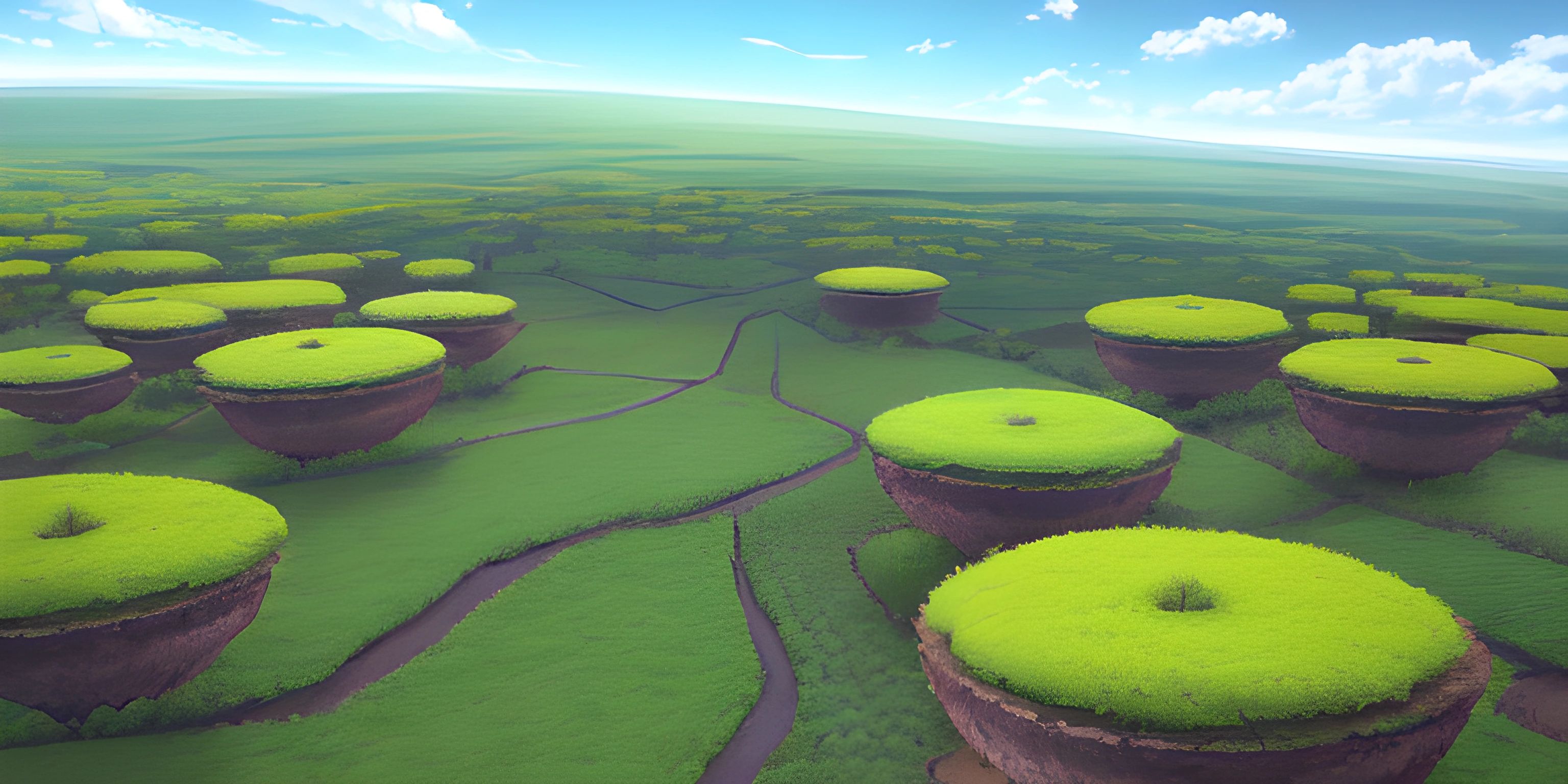 green grass covered rocks and trees on a hillside area surrounded by clouds and water in a video game