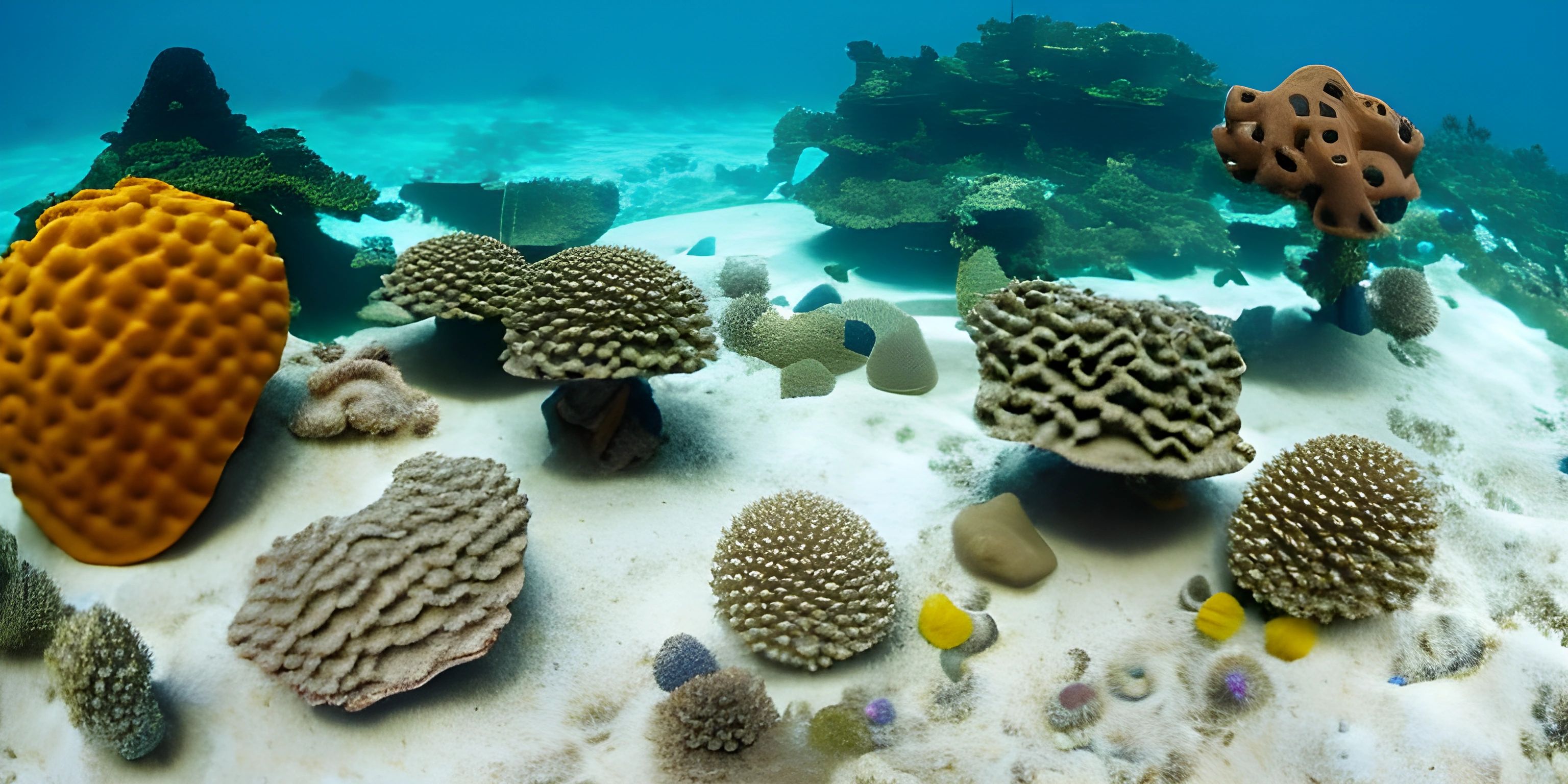 coral reef with many different types of fish swimming near it's base and coral reef