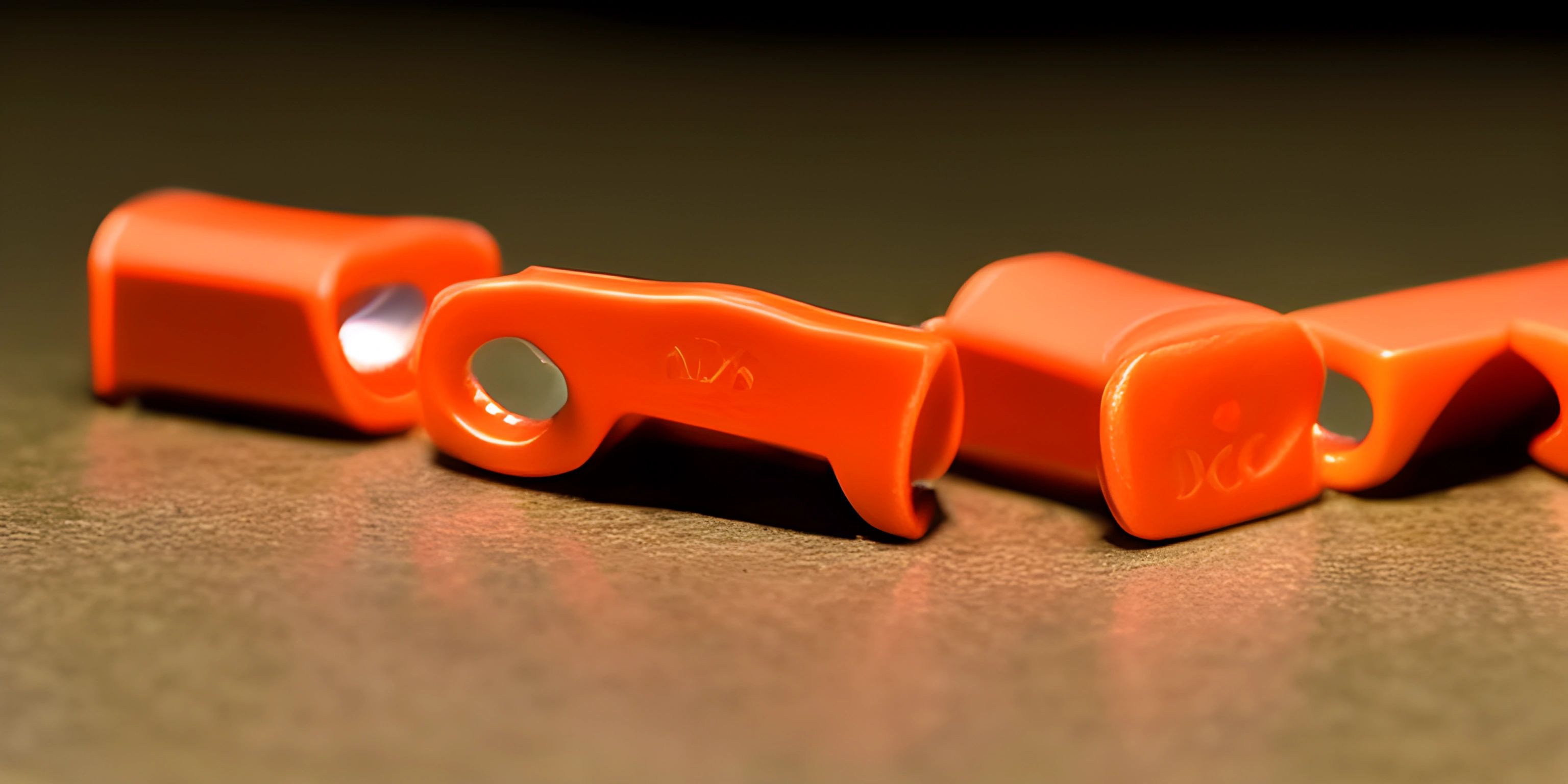 there are two different orange plastic headphones laying on the floor together in closeup