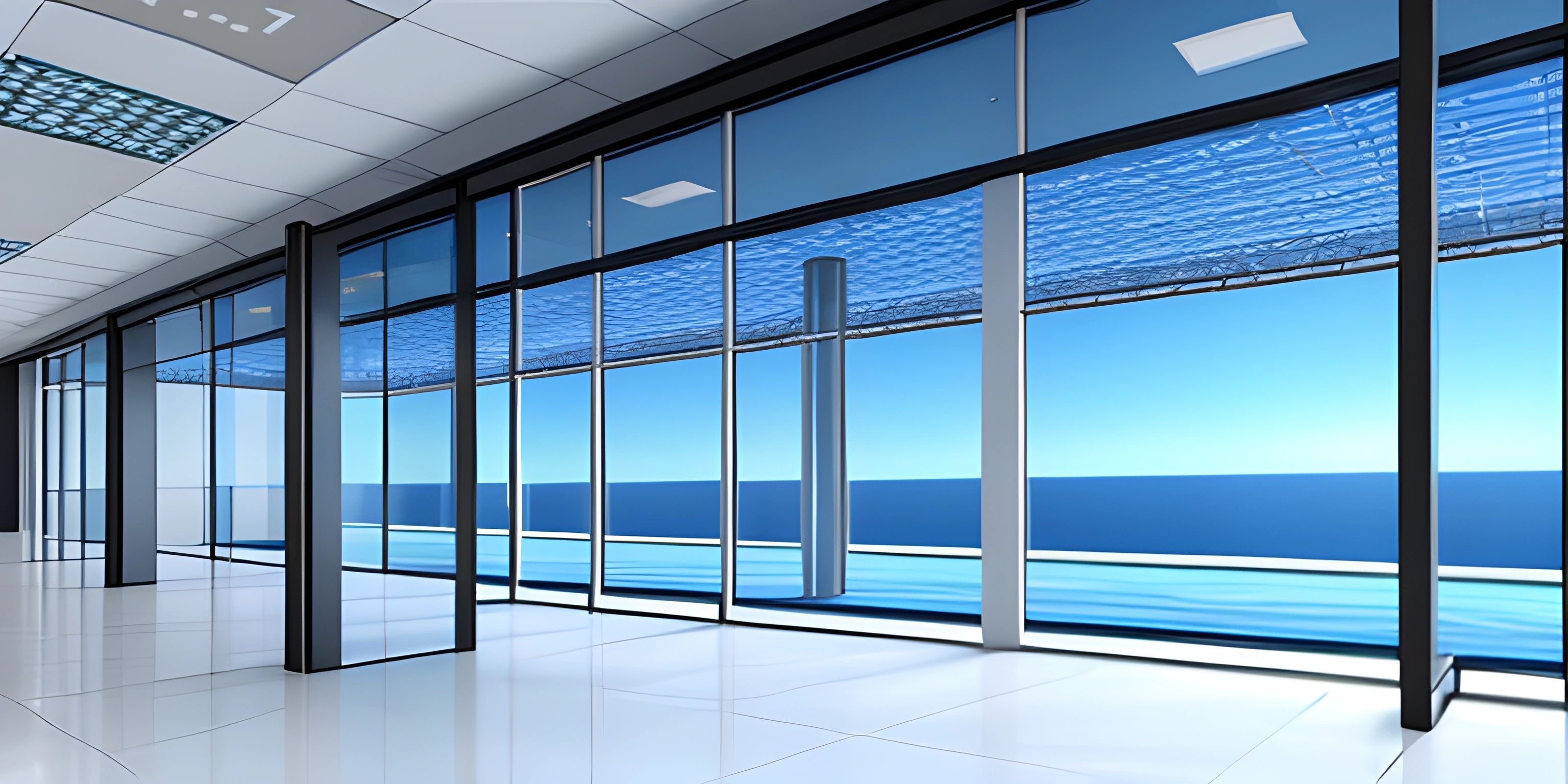 this is an image of an empty office building interior featuring high quality glass walls and floor to ceiling windows