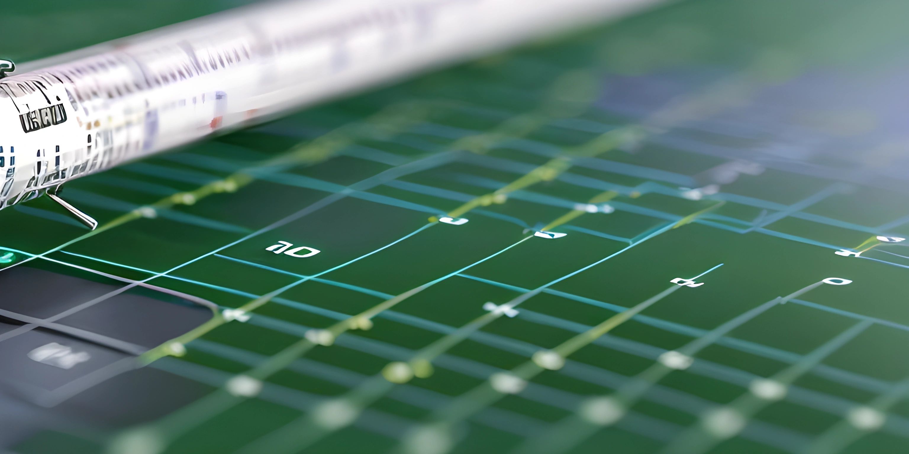 a miniature model airplane and key board set up on a green surface with other objects