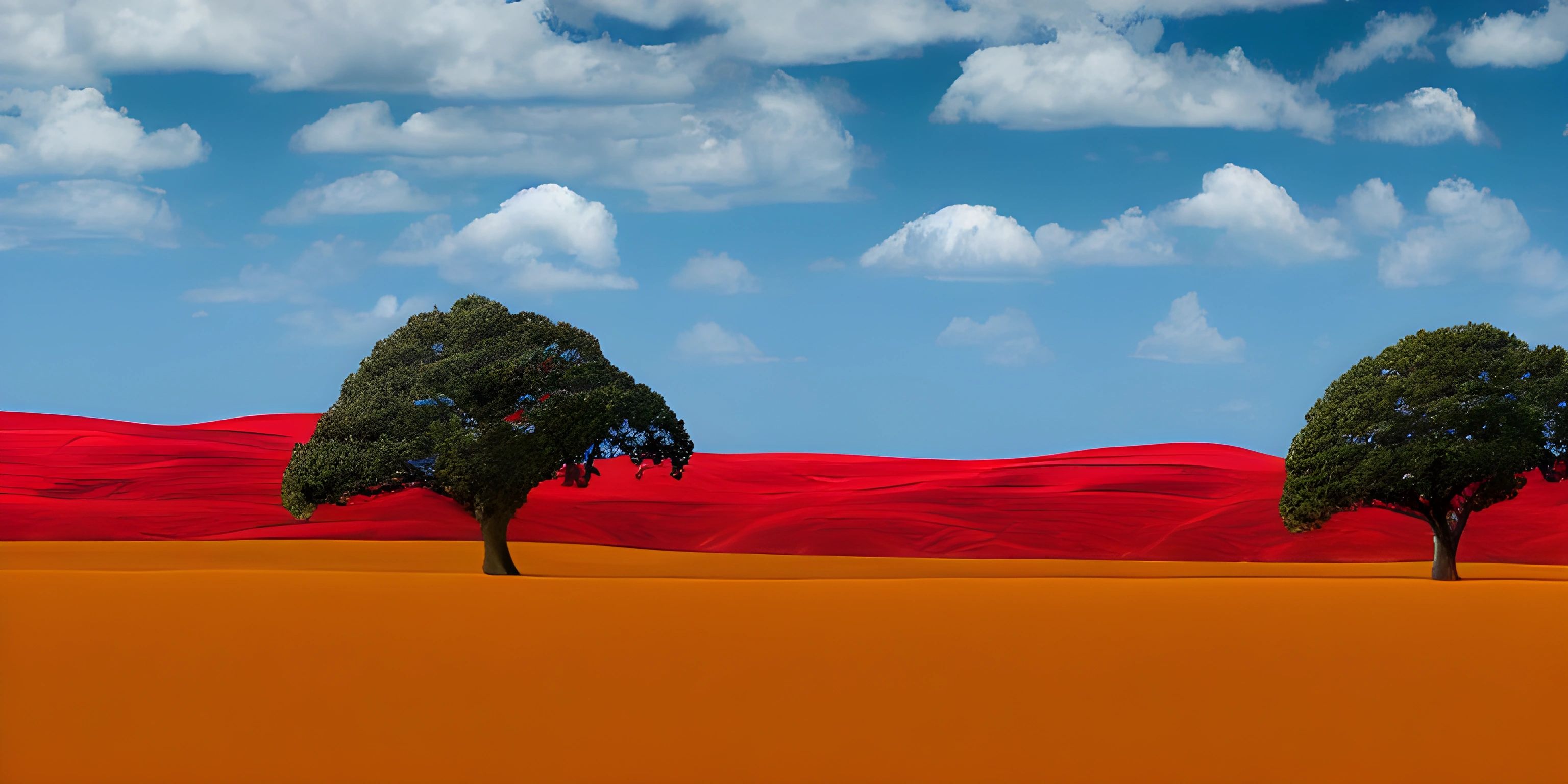 three trees on a field that is covered with fabric under the cloudy sky skys