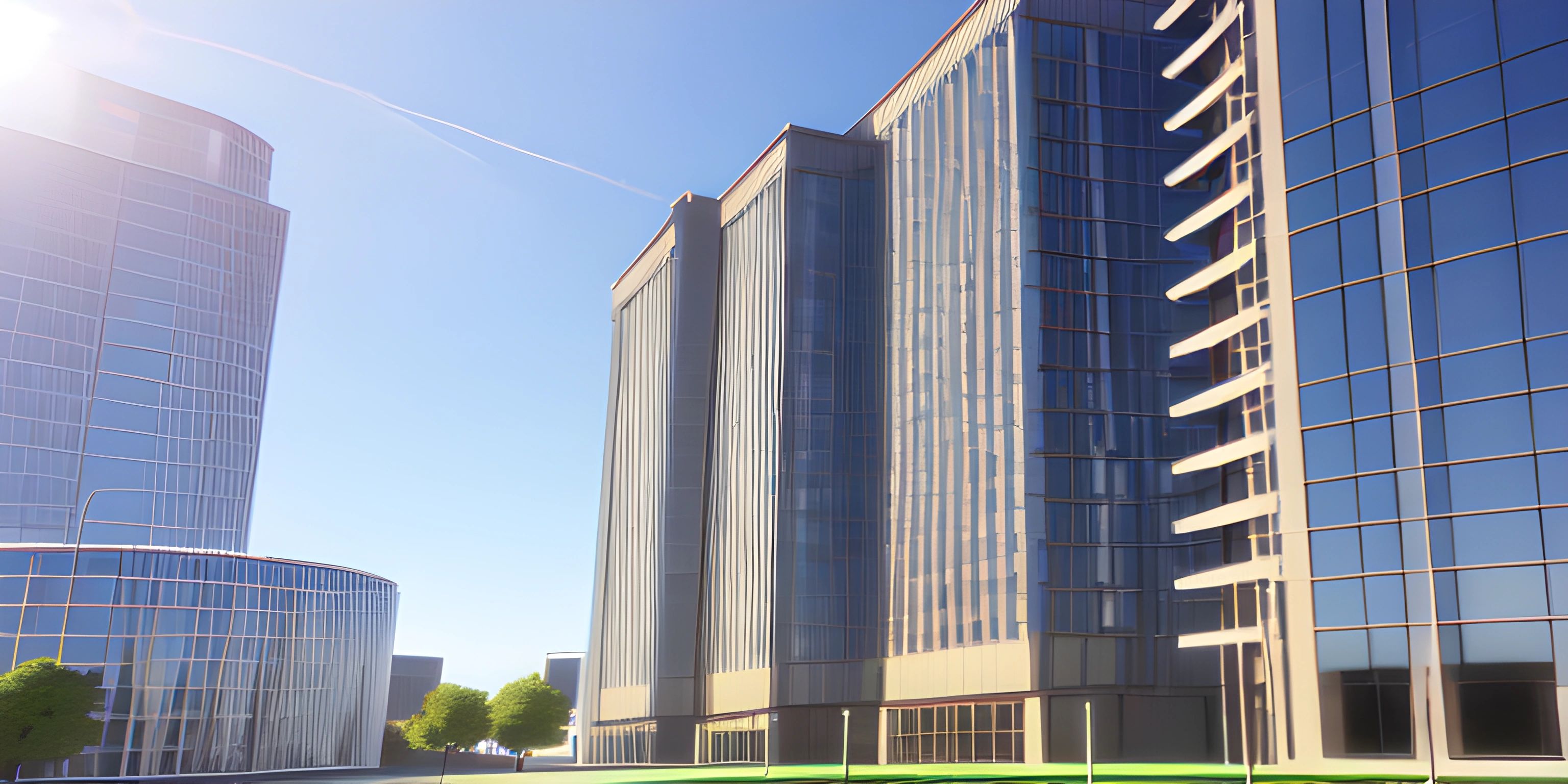 a modern skyscraper with several large glass windows on the front of each building, against a blue sky with some clouds and sunlight