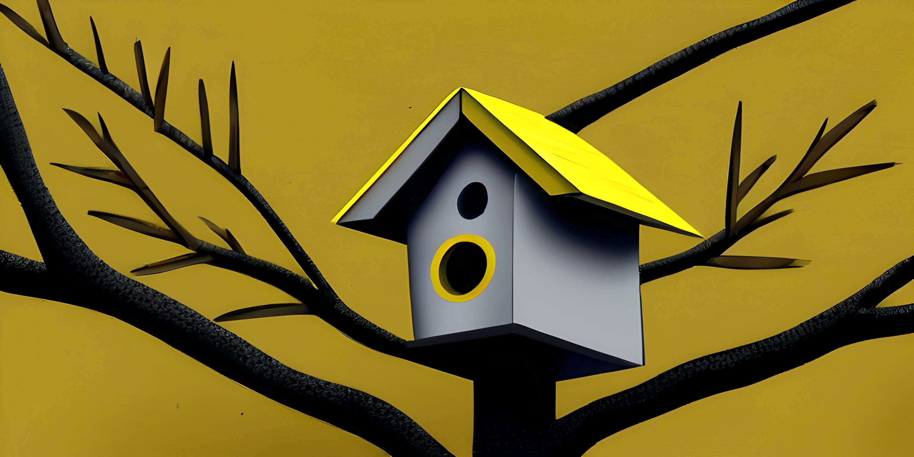a birdhouse attached to the side of a tree branch near yellow background or wall