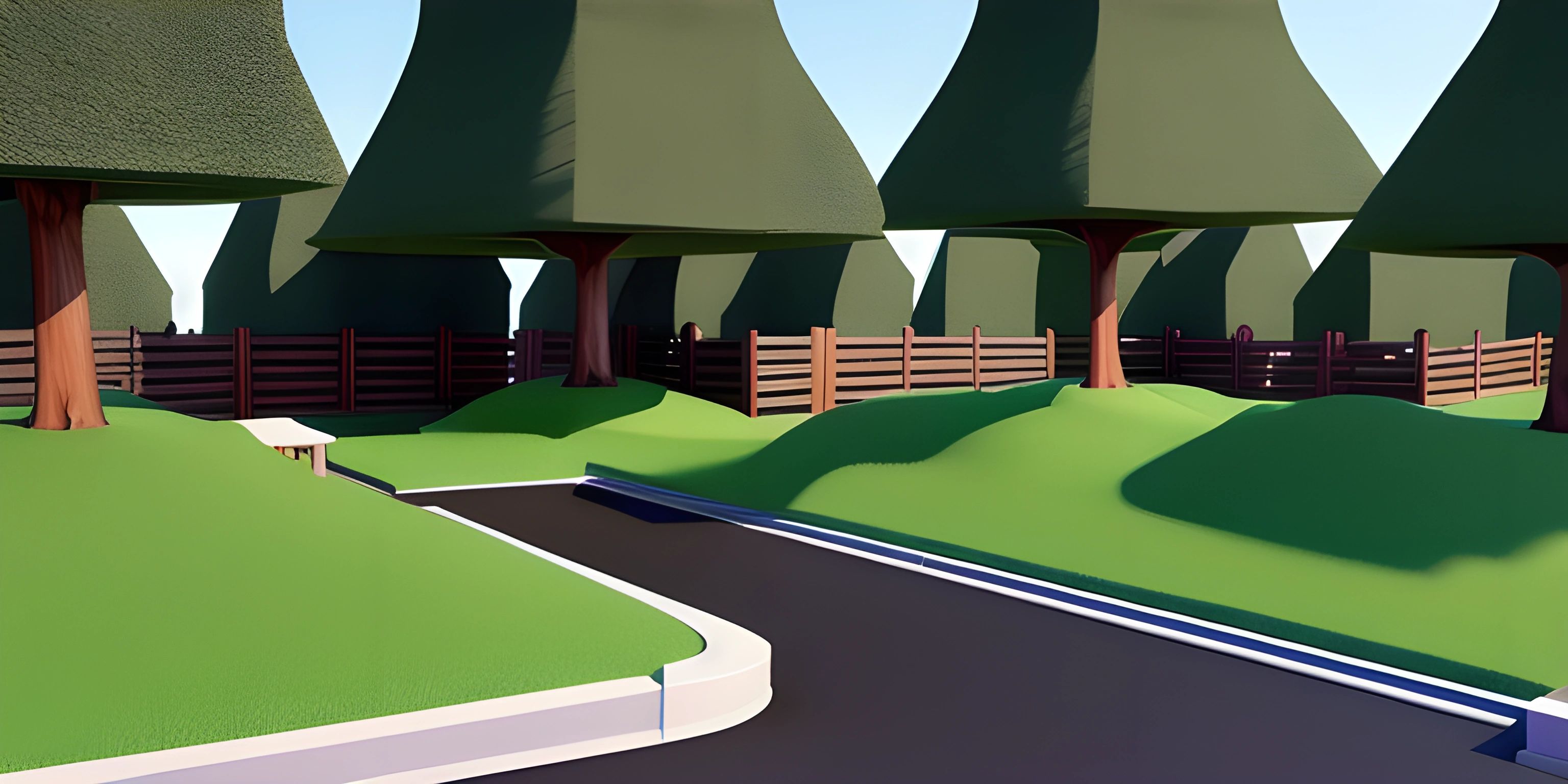 a cartoon, stylized road running through the woods in a game like environment with a few trees and grass