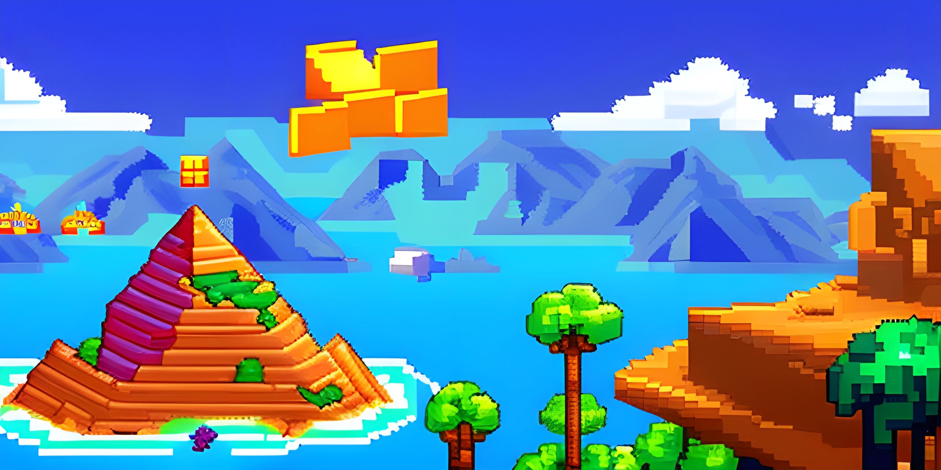 a game screen showing the landscape with mountains, trees and mountains in the background and a pyramid in the distance