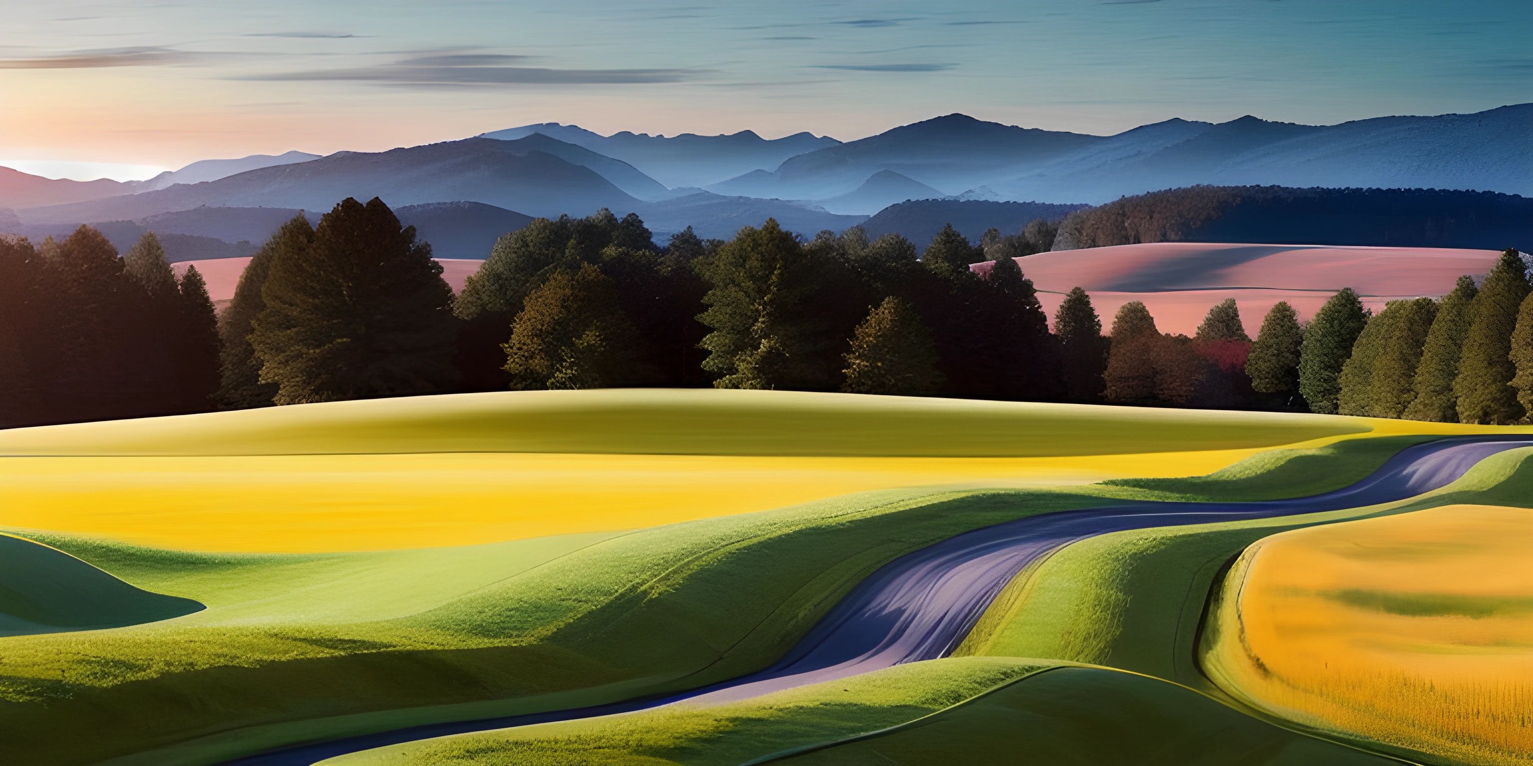 there is a winding street through a valley in the middle of mountains at sunset with trees and green hills