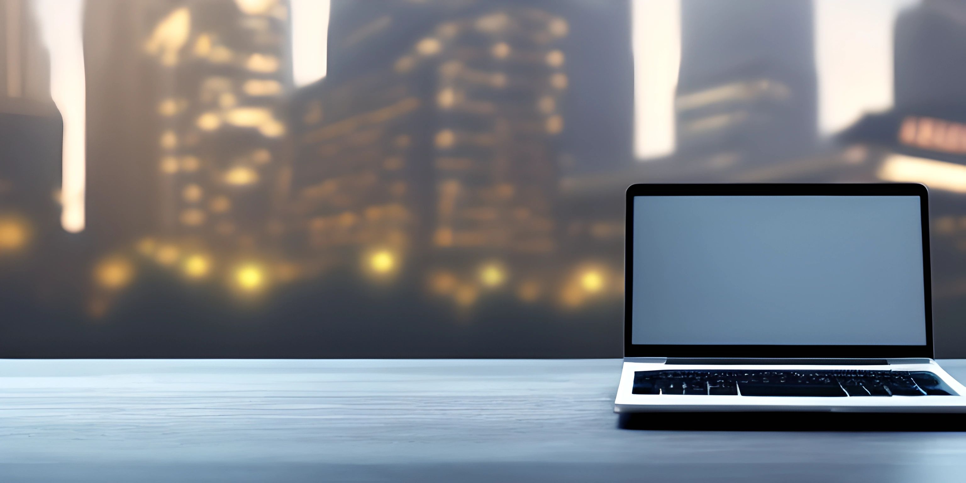 a laptop sitting on top of a wooden table next to a city skyline at night