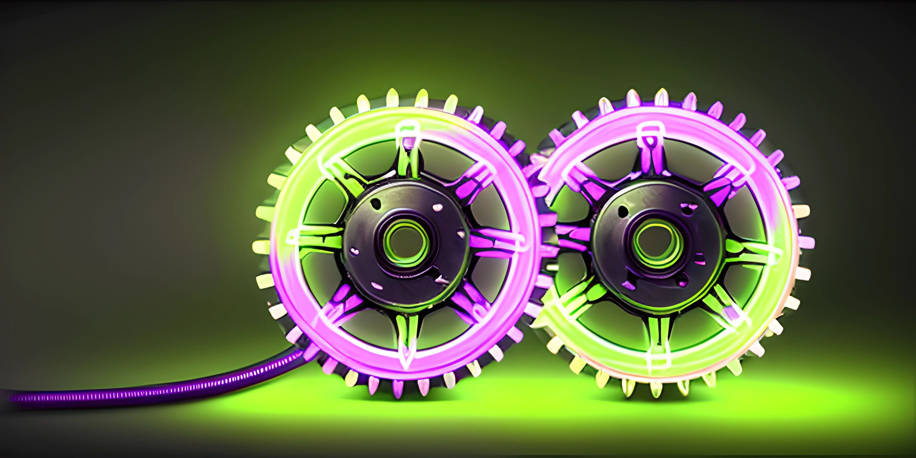 two spools are turned on in purple and green colors with neon lights on them