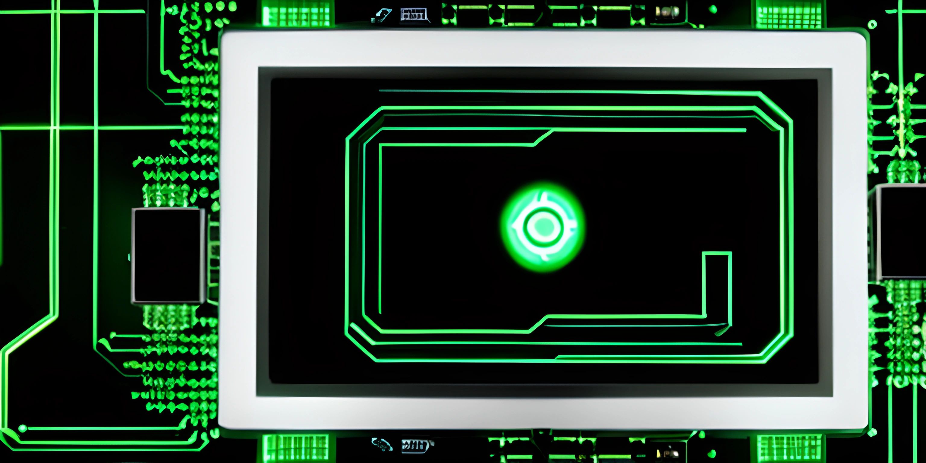 a computer circuit board with a glowing green computer eye on it's back side