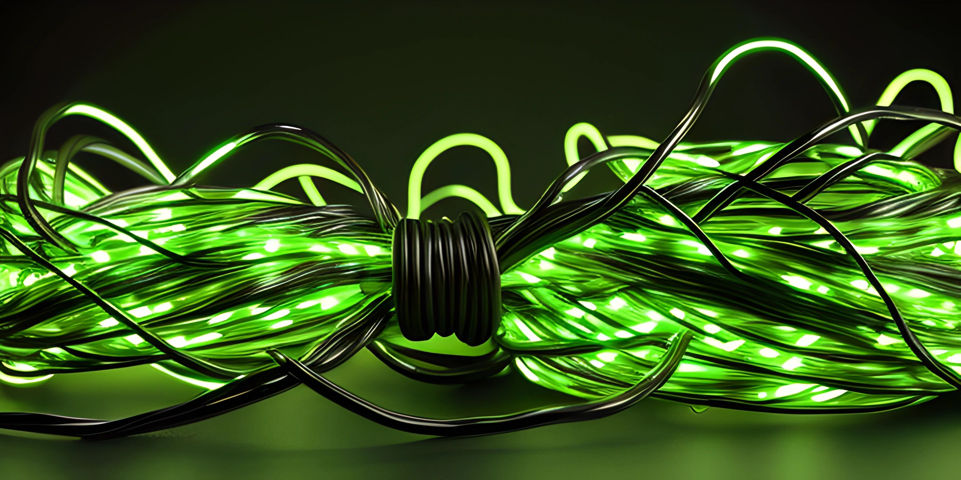 a strand of green and white led lights against a black background, lighting up the dark