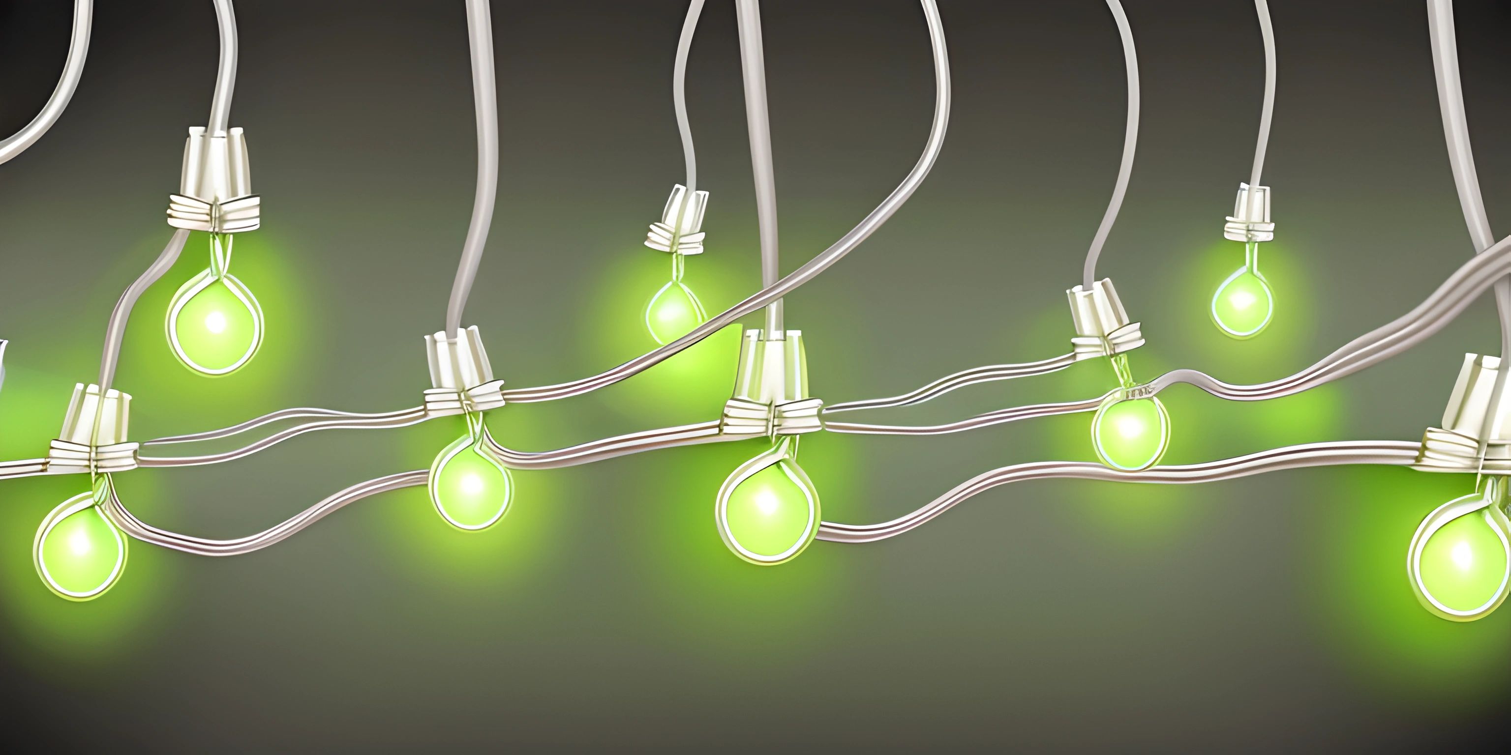 many white lights in wires and with green wires next to it on a gray surface