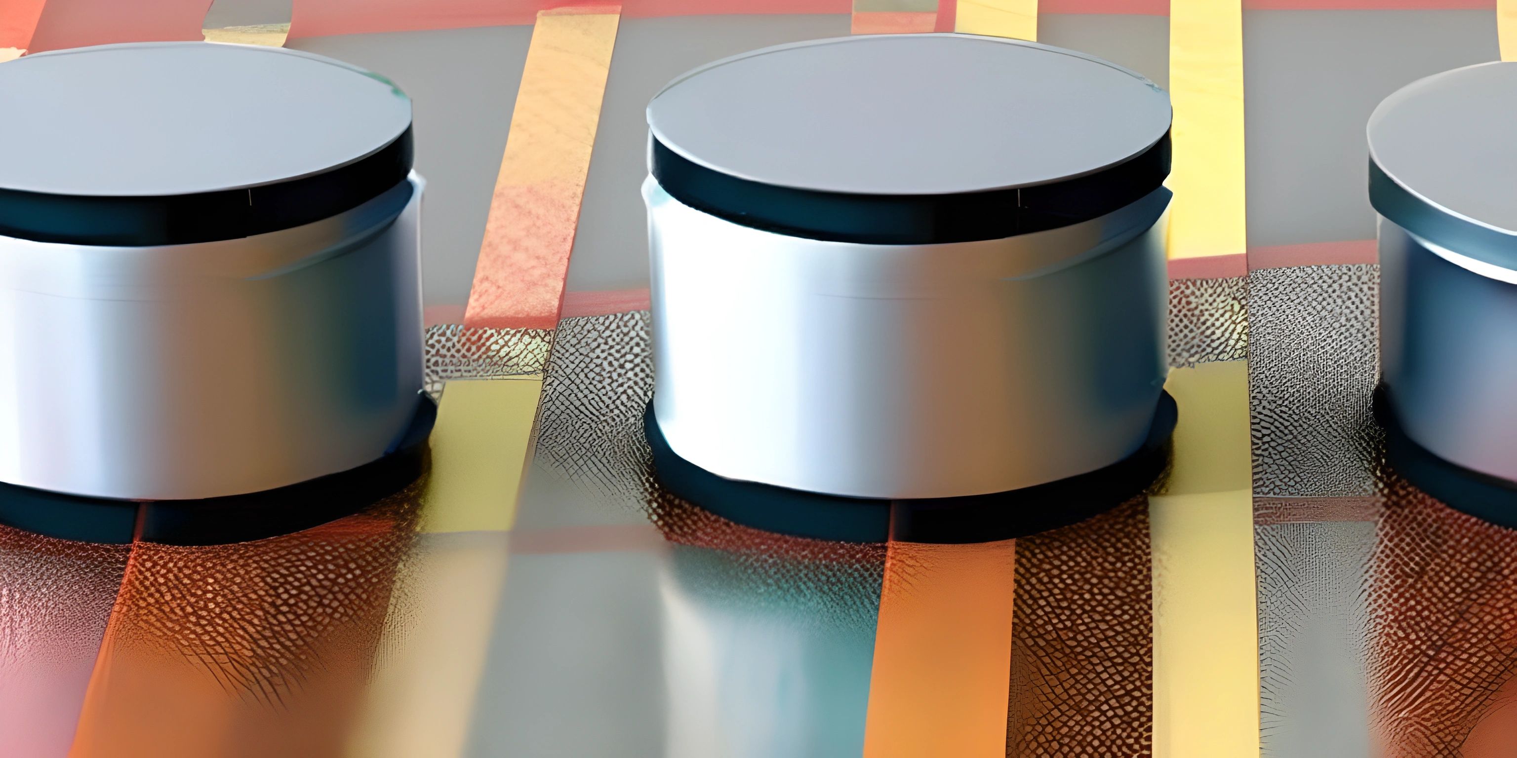 two stools with lids sitting on top of a colorful rug, with squares of color in the background