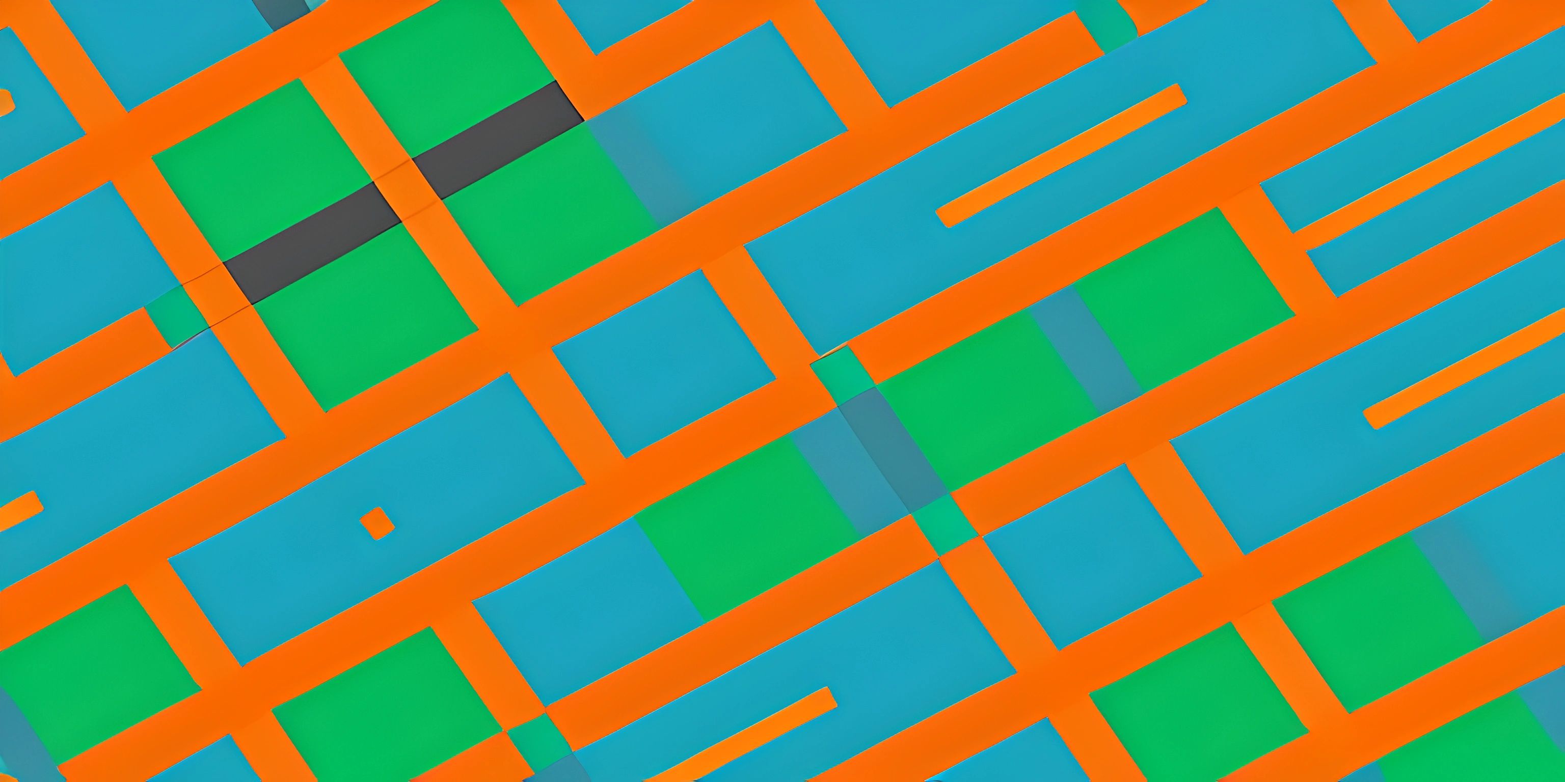 the background is made up of multicolored squares and lines, with black corners to the bottom