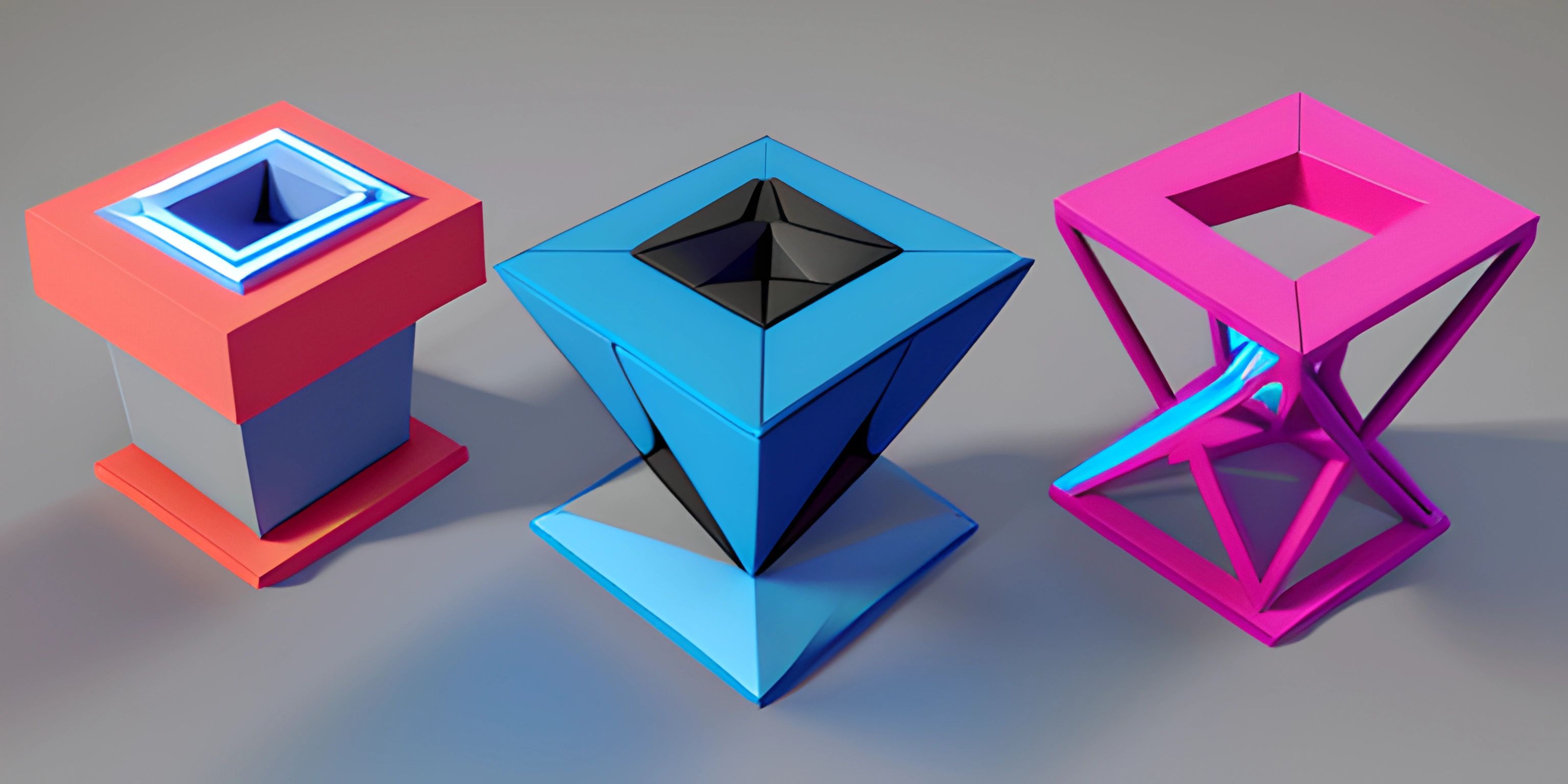 three cube sculptures are shown in bright colors, on a grey surface with one small square structure