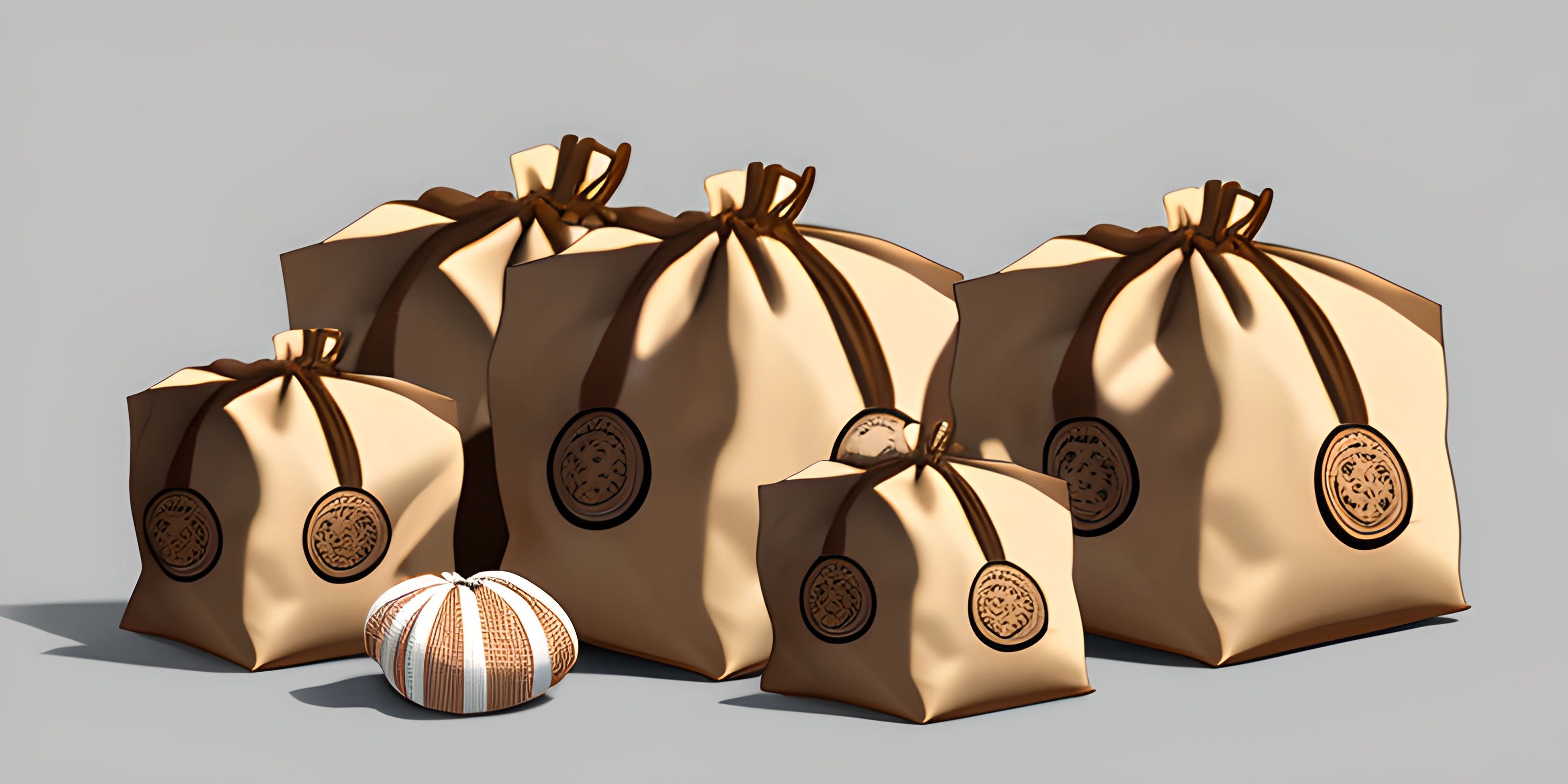 several bags, one with an oval shaped cake in them, all lined up with chocolate candiltout