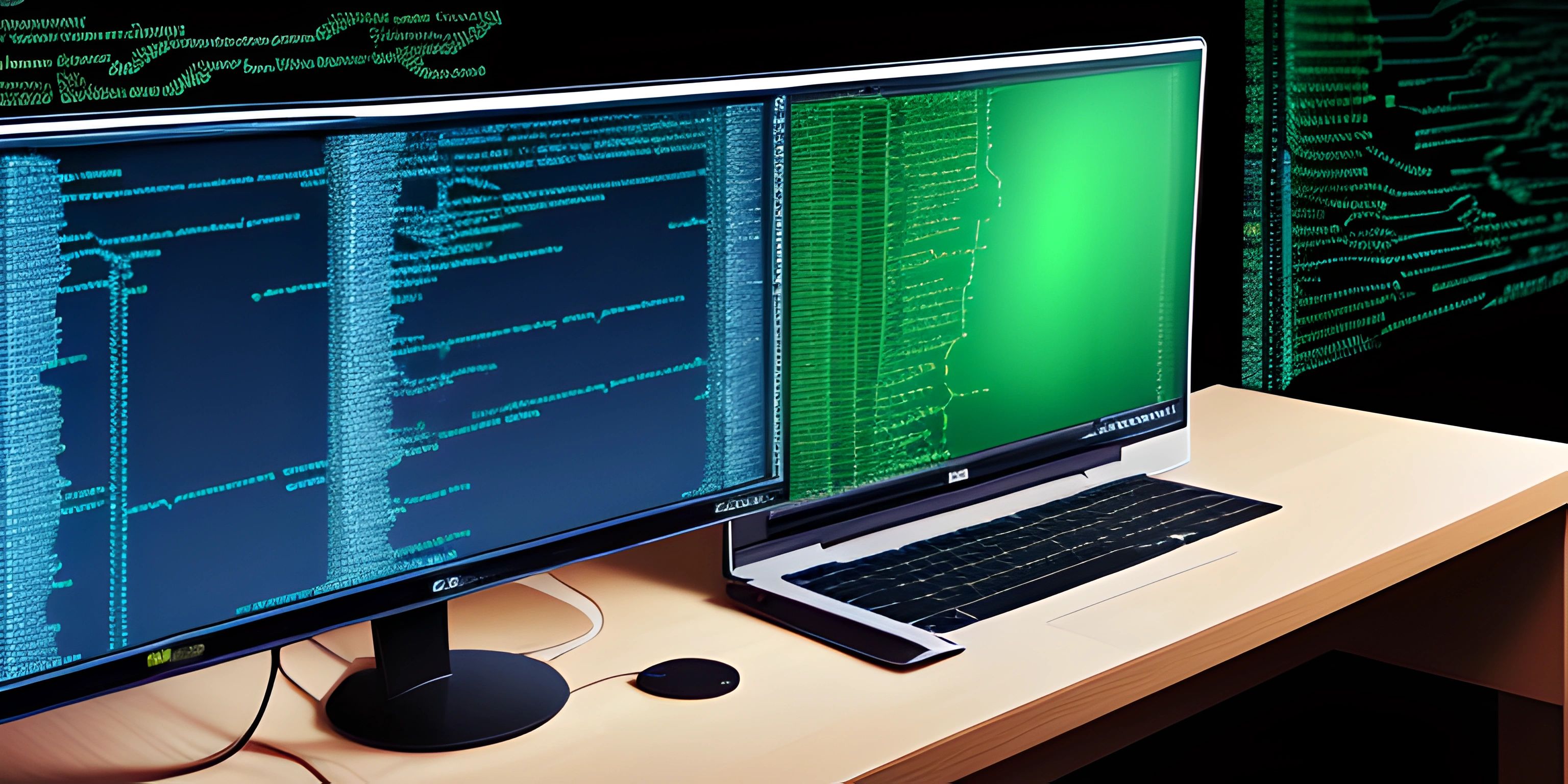 two monitors with texting are on the desk beside a laptop computer and keyboard in a dimly lit room