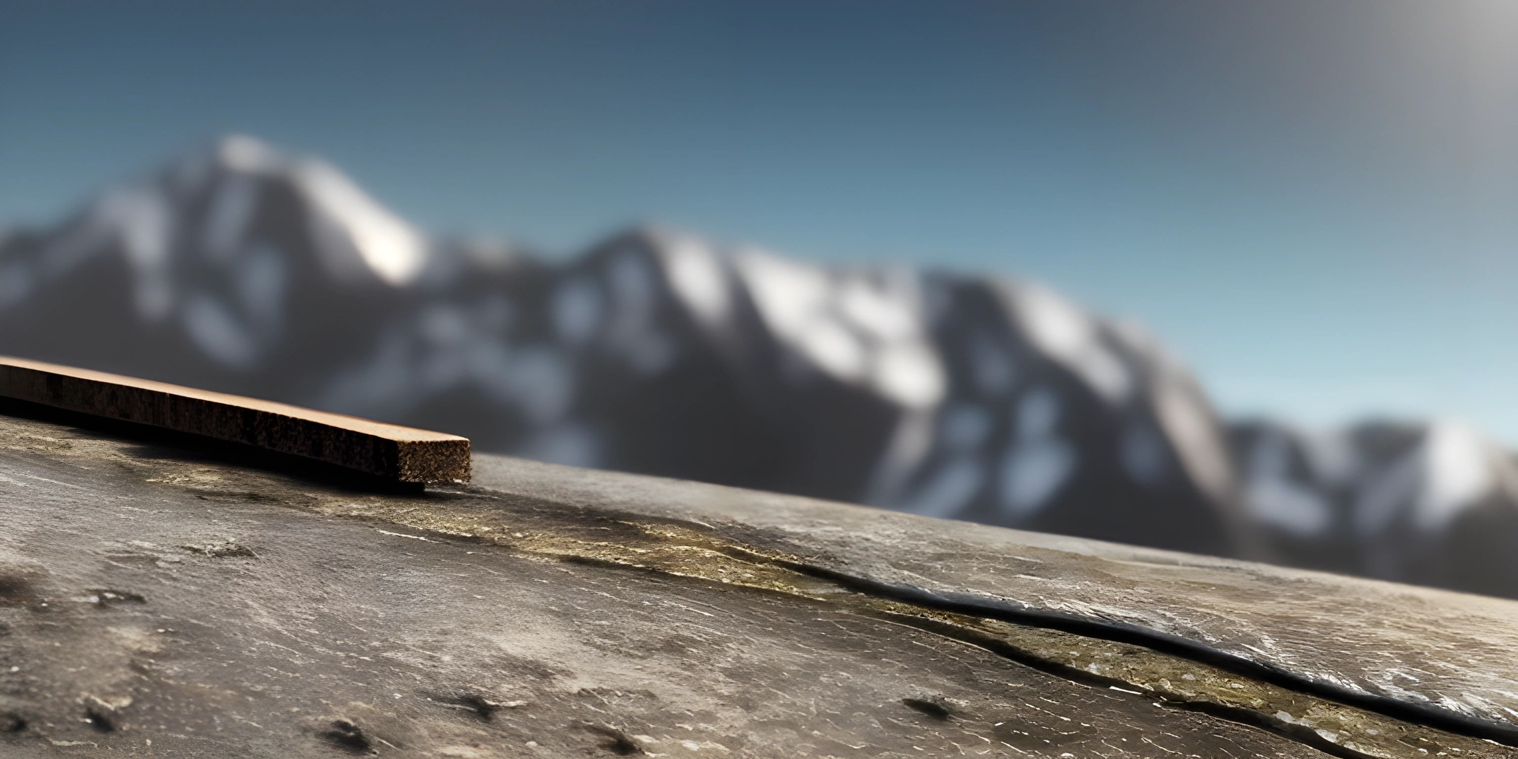 a snowboard laying on top of a cement slab with mountains in the background on a cloudy day