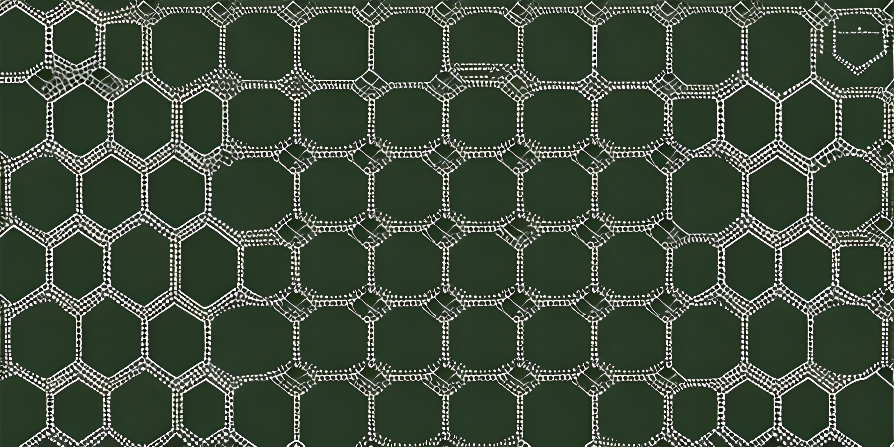 a white fenced in area with a dark green background and white squares on it