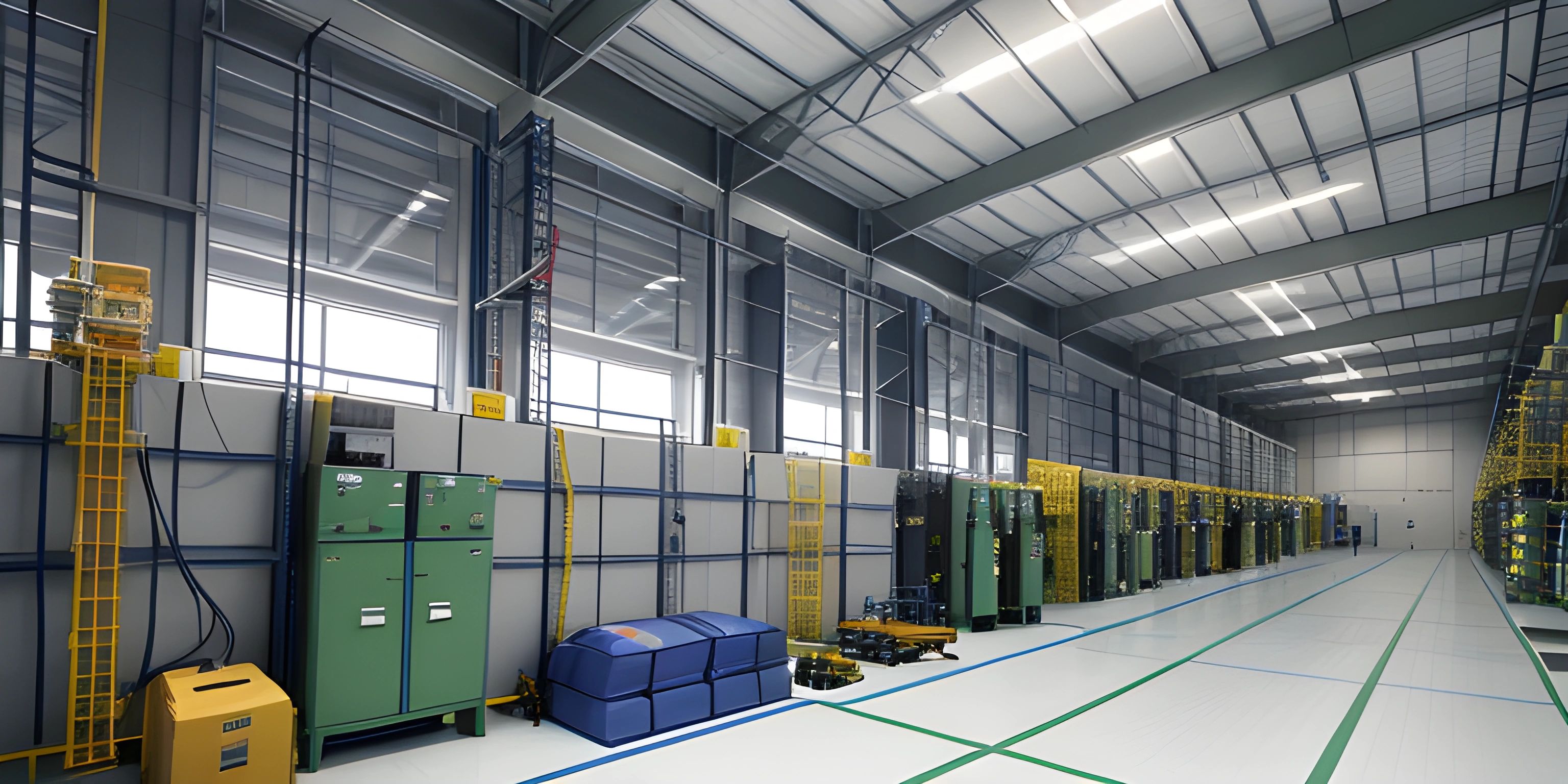 an industrial storage facility in a warehouse building with large glass walls and large metal steel doors