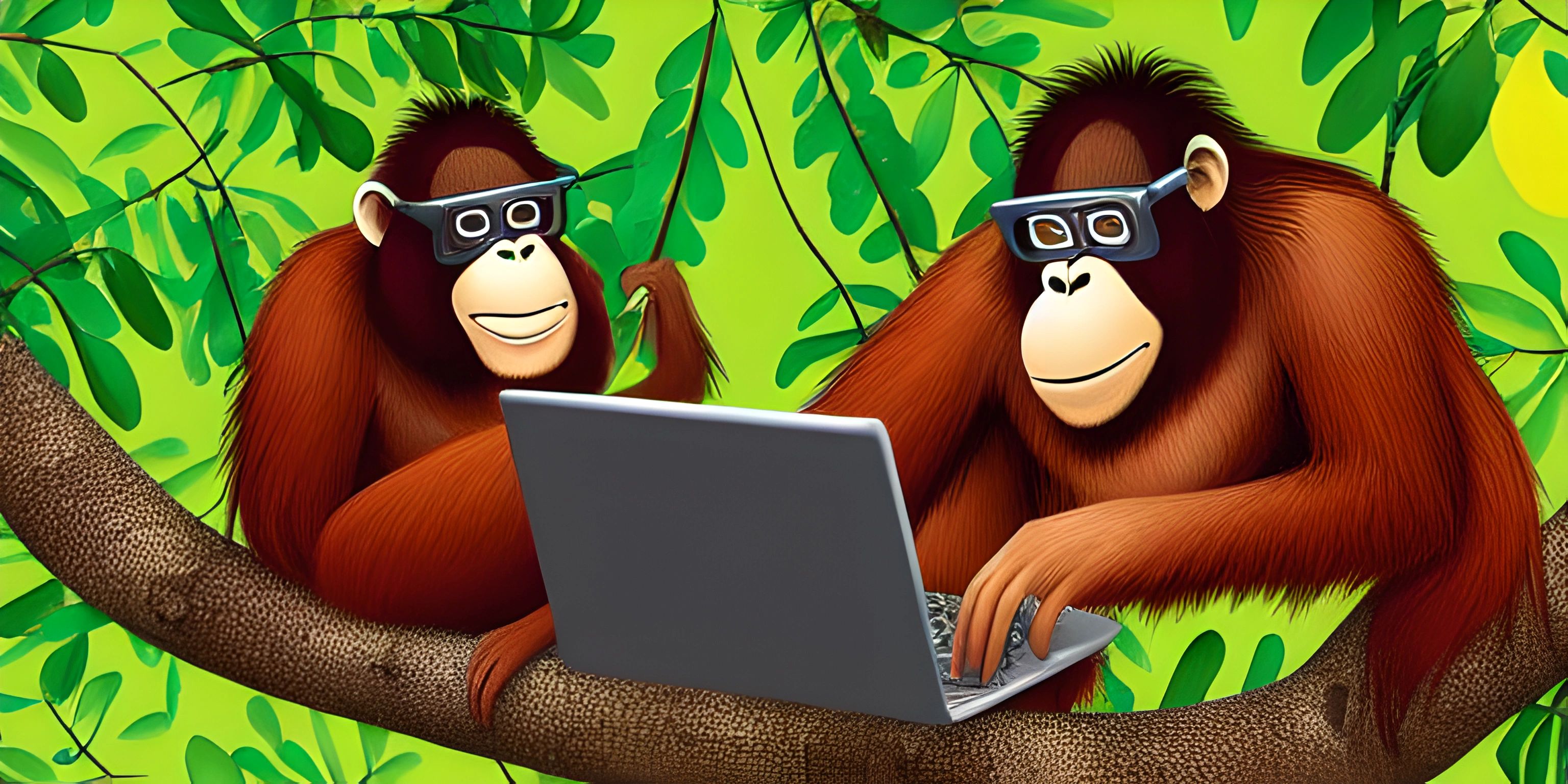 monkeys in the tree on a laptop computer with glasses on their heads and eyes in front