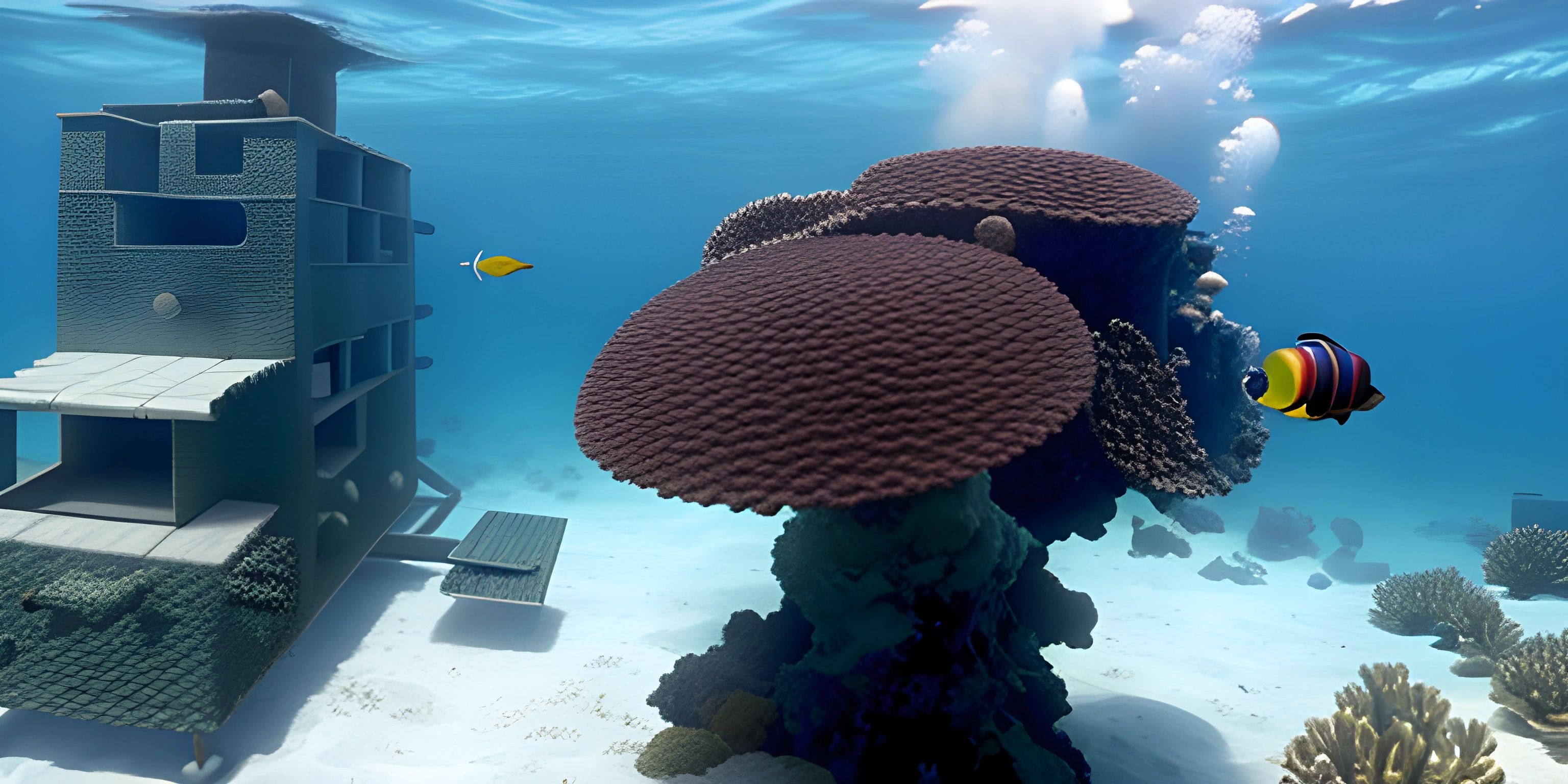 a little boy diving underwater in a coral reef area with a cat house in the background