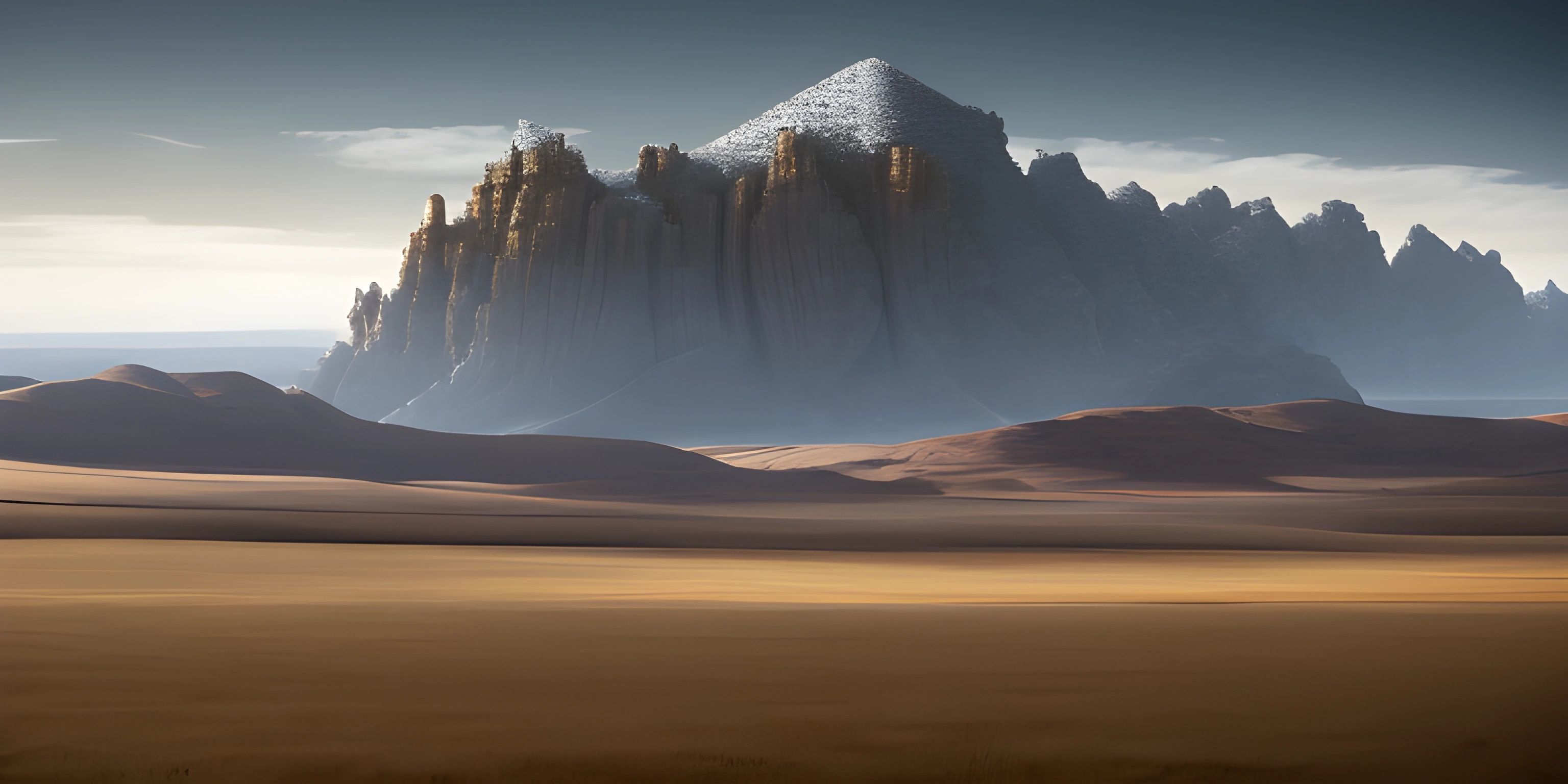 a horse riding across a desert area next to a tall mountain range with clouds above it