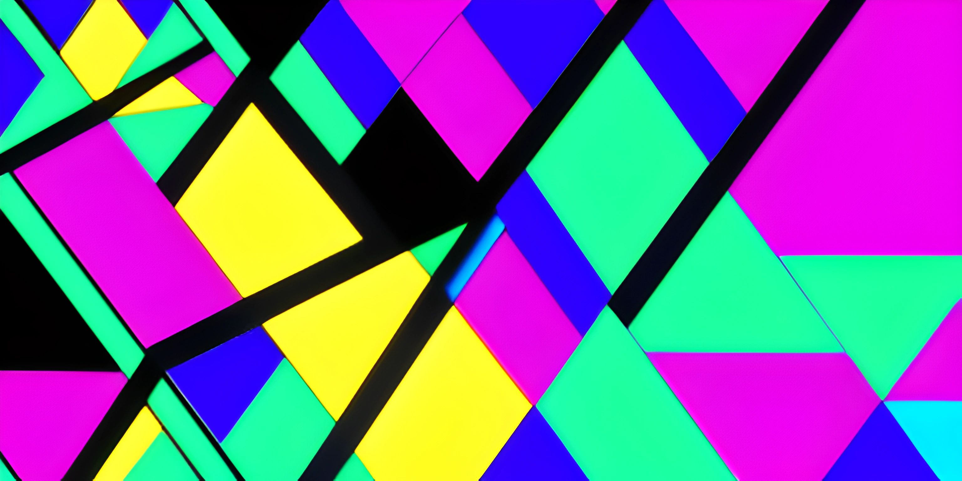 several colorful, black lines and squares on a screen with neons in them and one is yellow