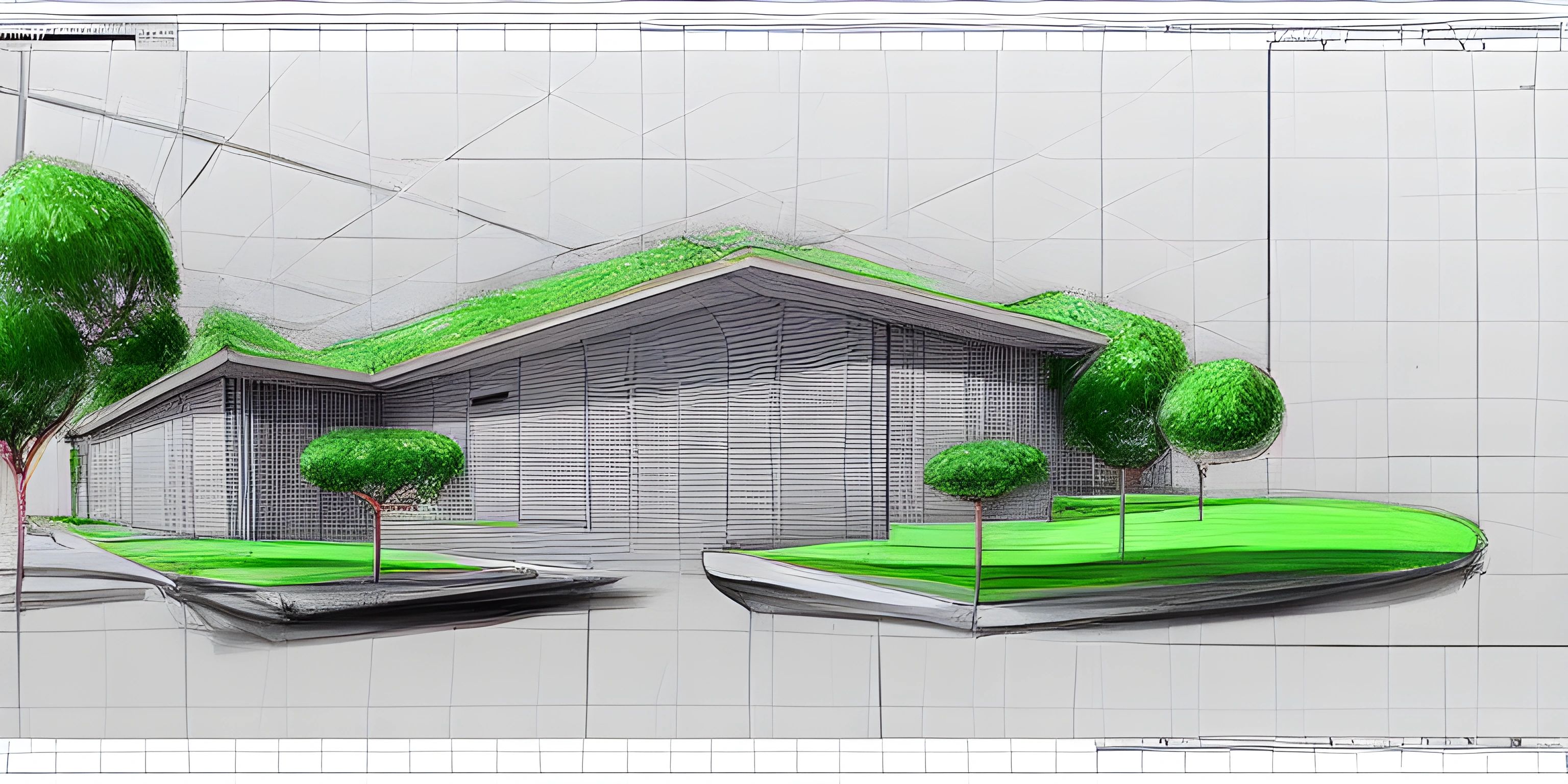 a drawing of a house with a green roof, and a bench on a sidewalk with trees and plants on each corner