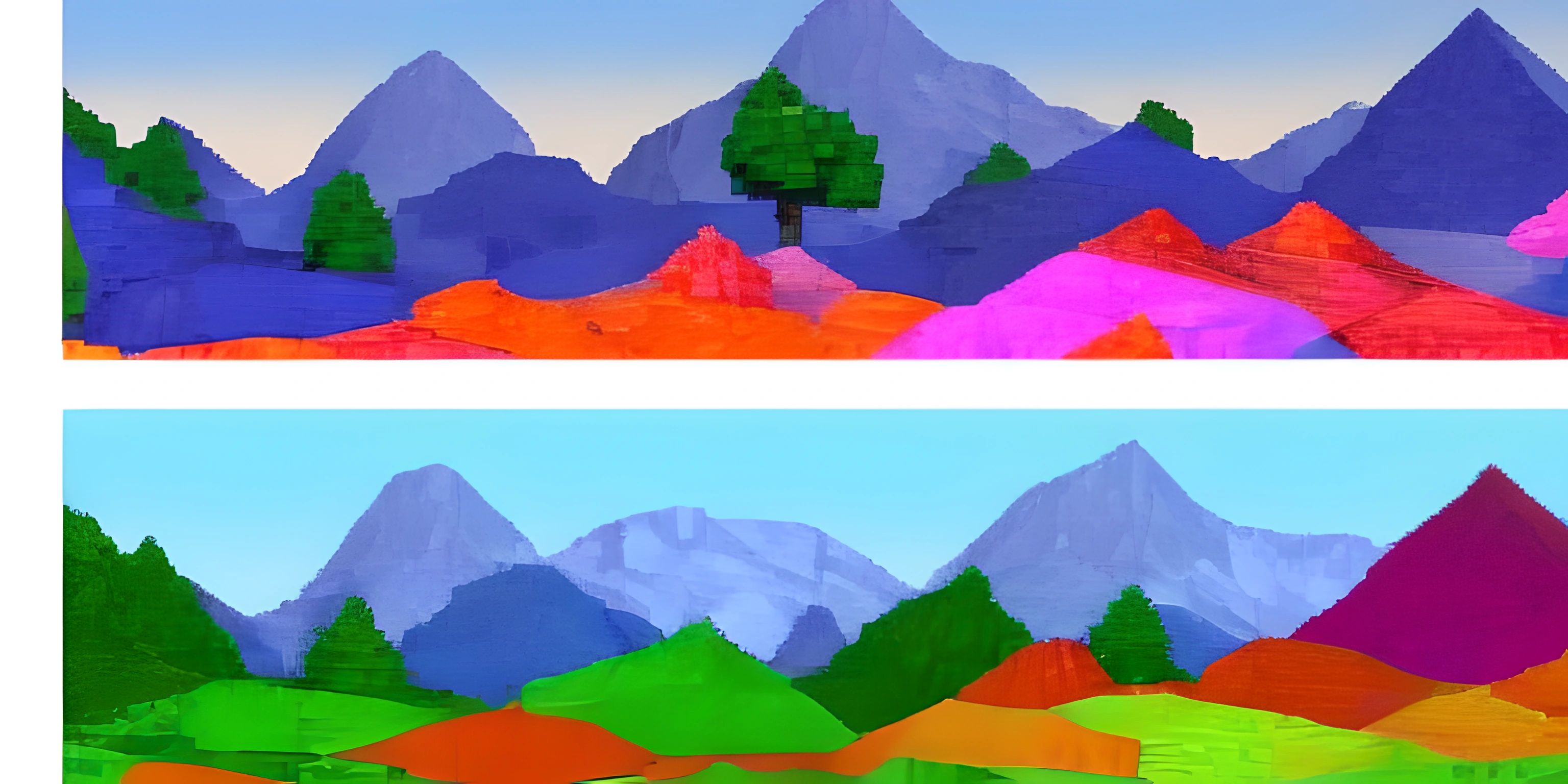 a computer generated image of a landscape with mountains and trees in different colors, one is being colored